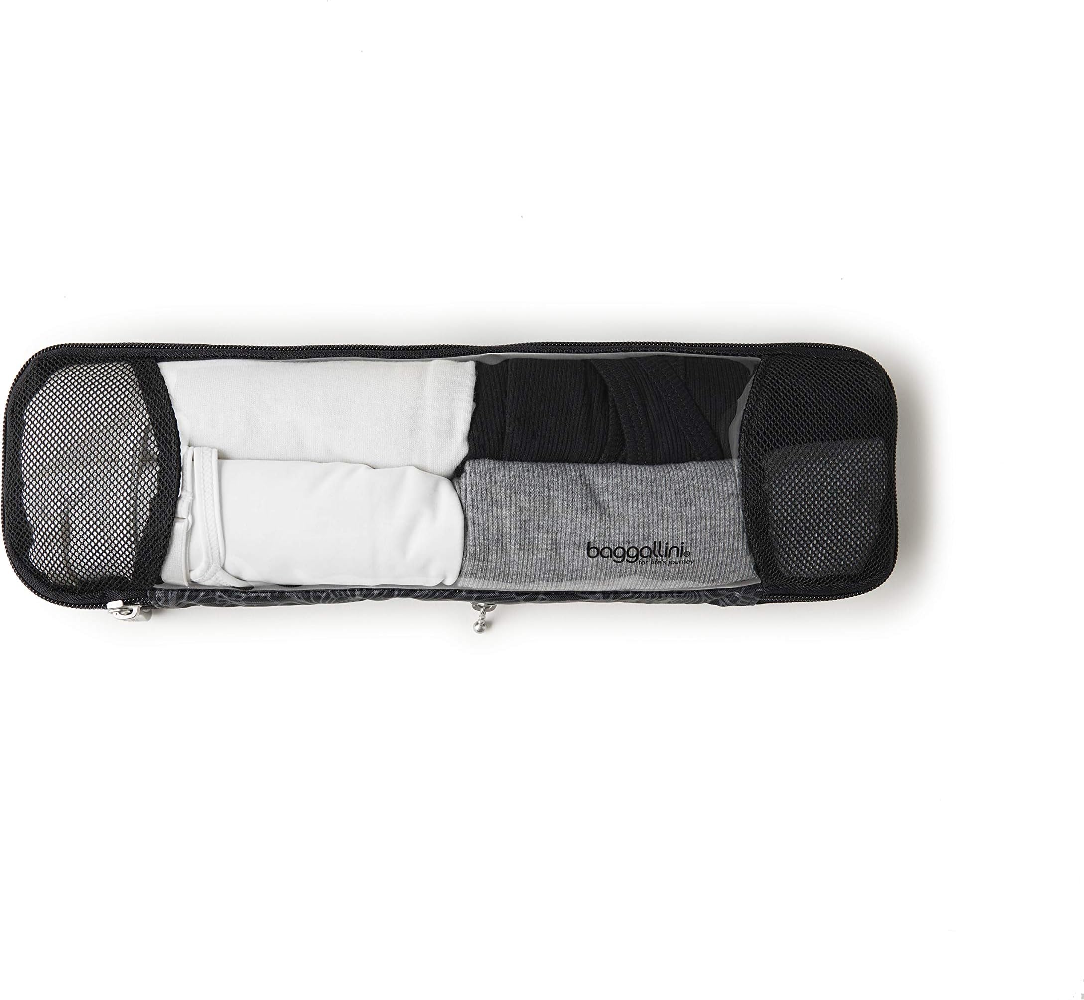BaggalliniLong Compression Cube - Polyester, Black, Packing Cube, Zipper Closure, Ventilated Mesh, Water-Resistant, 14" x 4" x 2.5"