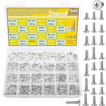 840Pcs Flat Round Head Machine Screw Phillips SSD Screw Small Computer Laptop Screws Nickel Plated Micro Screw Assortment Kit for Eyeglasses, Watches, Electronic Repair