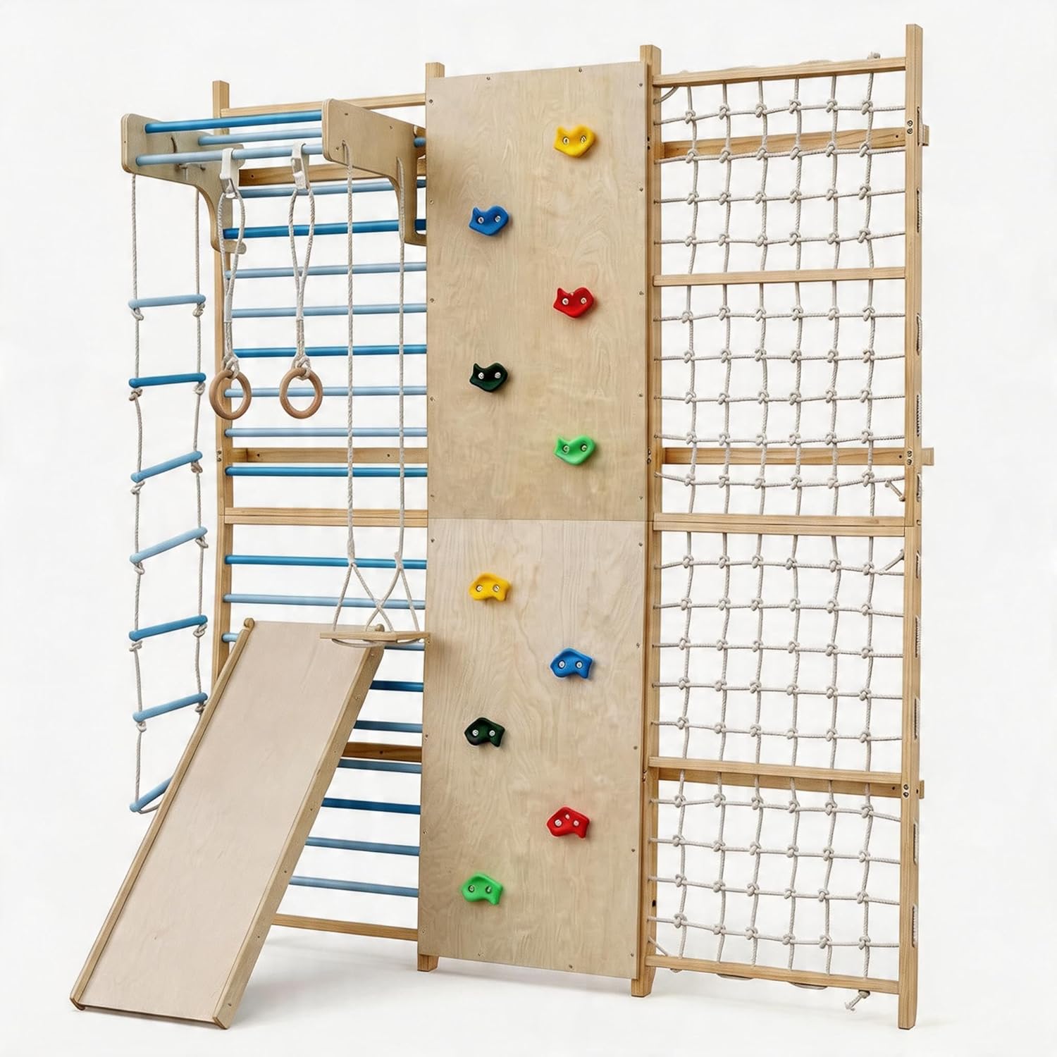 Multi-Functional Swedish Ladder Wall Gym, 94.5'' Wooden Wall-Mounted Climbing Set with Slide, Swing, Rope, Rings, Monkey Bars, Indoor Playset for Kids and Adults