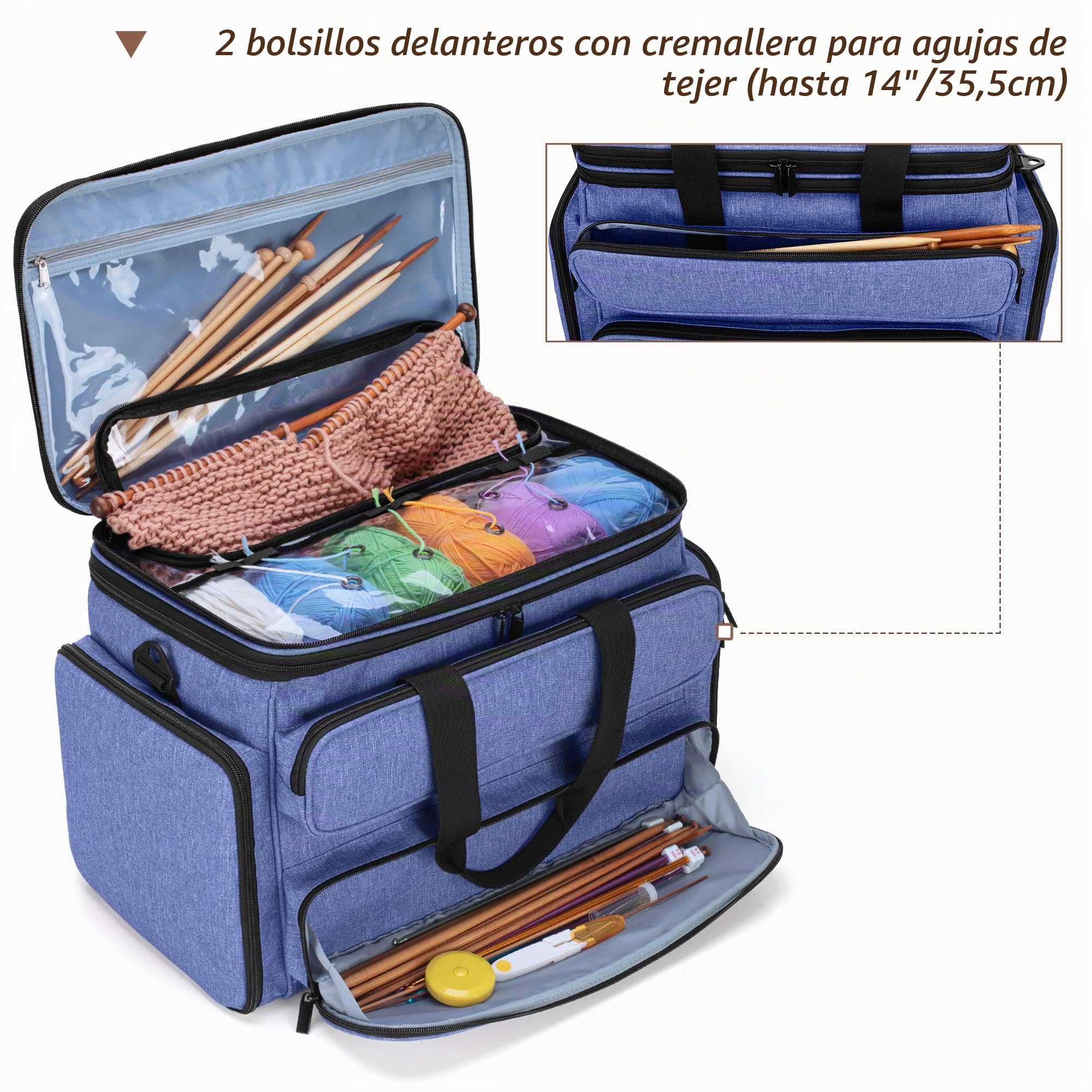 Yarwo Bolsas de Labores, Organizador para Lanas con Cubierta, Bolsa de Almacenamiento para Agujas de Tejer (Hasta 35.5cm), Ganchillos, Ovillos de Hilo y Otros Accesorios, Azul (Solo Bolsa)