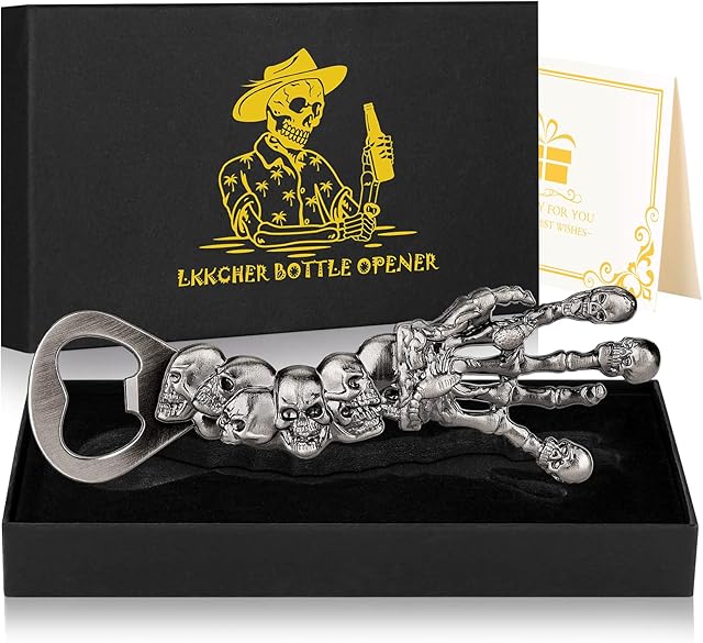 LKKCHER Skull Gifts, Skeleton Hand Beer Bottle Opener, Fathers Gifts Birthday Halloween Christmas Gifts for Men Dad Husband Women Opener Collector Skeleton Fan Dark Silver Gothic Gifts