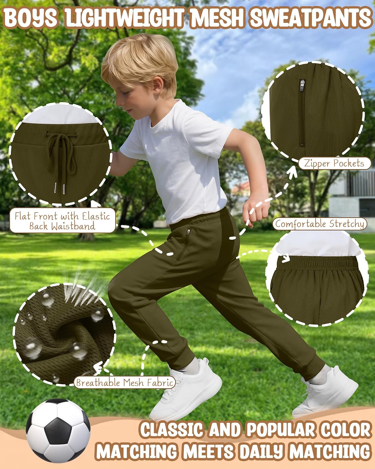 3 Pack Boys' Mesh Joggers Quick Dry Lightweight Sweatpants Kids Elastic Waist Athletic Pants with Zipper Pockets