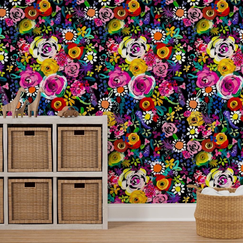Removable Wallpaper 3ft x 2ft - Bright Floral Painting Colorful Florals with Black Backg Neon Summer Flower Custom Pre-Pasted Wallpaper by Spoonflower