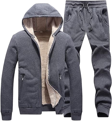 Amazon Co Jp メンズスポーツウェアスーツ カジュアルパーカーパンツ 厚手のフリースセーター 暖かいフード付きジャケットとパンツ2点セット グレー L 服 ファッション小物
