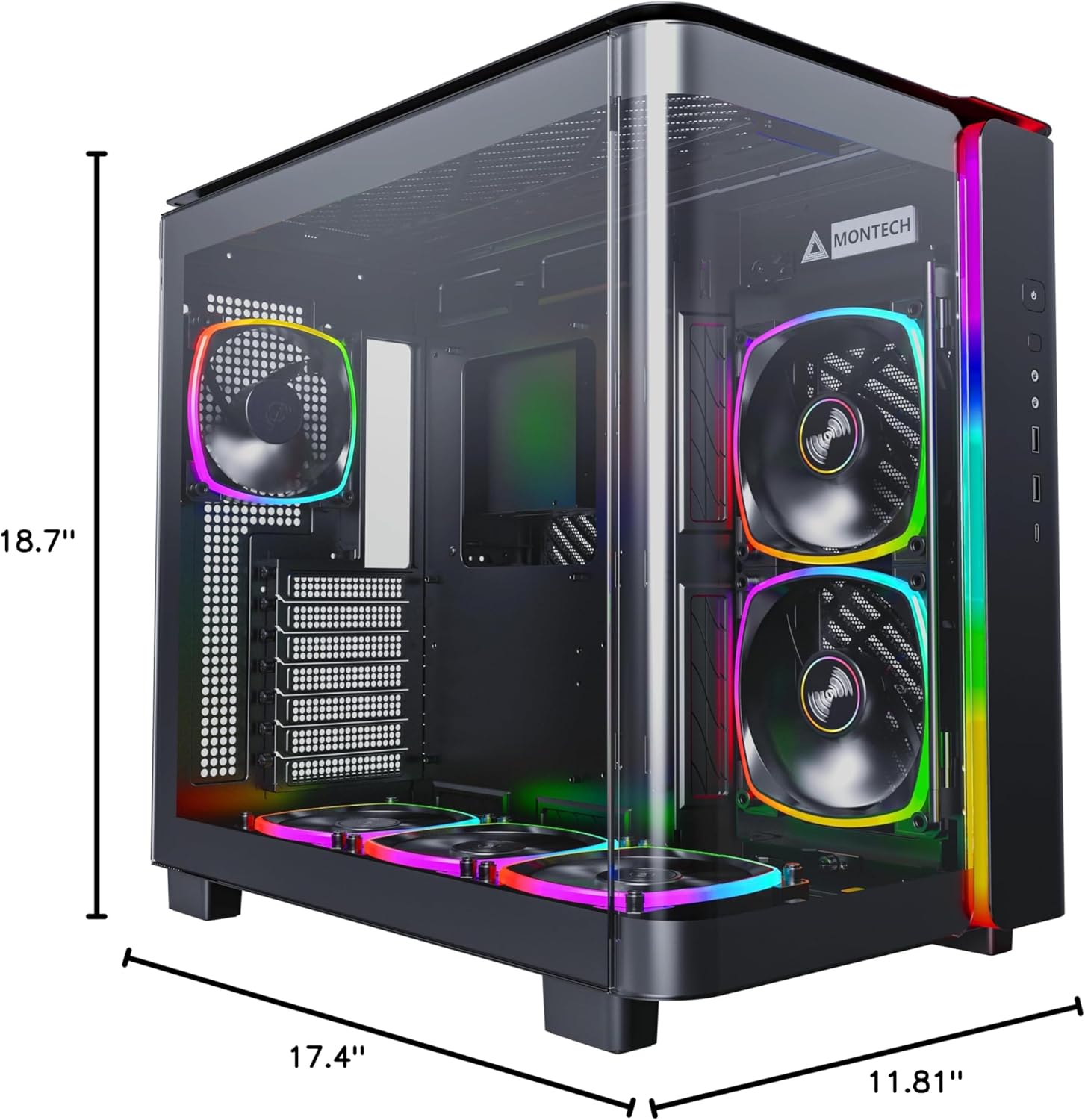 81ddagqPdPL._AC_SL1500_ MONTECH King 95 PRO Dual-Chamber ATX Mid-Tower PC Gaming Case, High-Airflow, Toolless Panels, Sturdy Curved Tempered Glass Front, 6 ARGB PWM Fan Pre-Installed with Fan Hub, Black