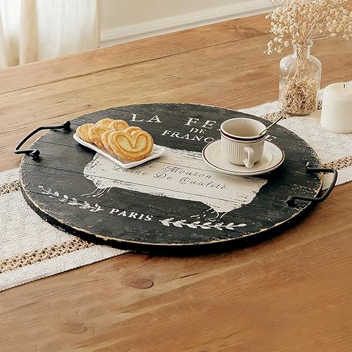 Miniatura 6 de Original Barn French Farm - Bandeja de madera de oveja con asas, bandeja decorativa redonda de madera negra para aperitivos de comida, decoración
