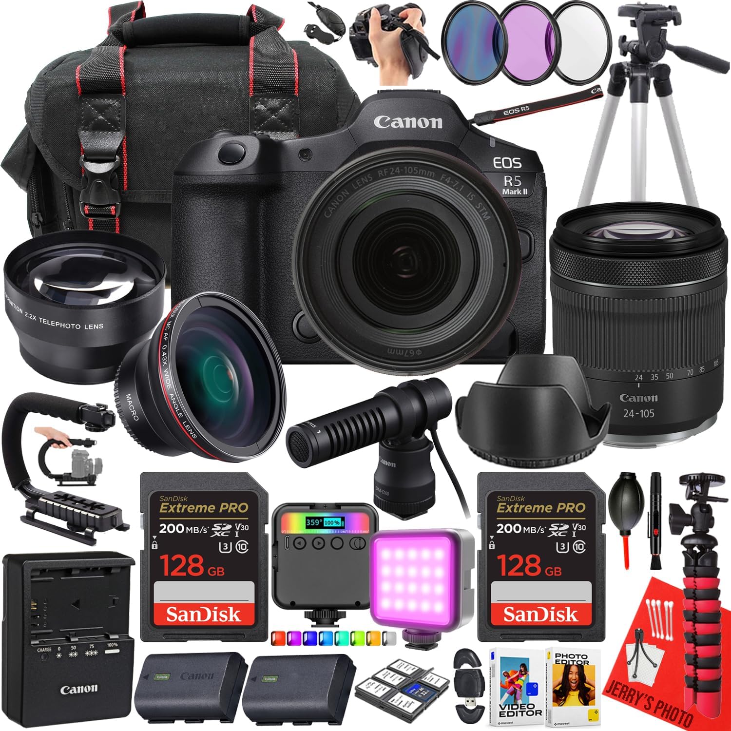 Canon EOS R5 Mark II Mirrorless Camera with Canon RF 24-105mm f/4-7.1 is STM Lens + 2pc 128 GB Memory + Canon DM-E100 Microphone + LED Light + More (29pc Bundle) (Renewed)