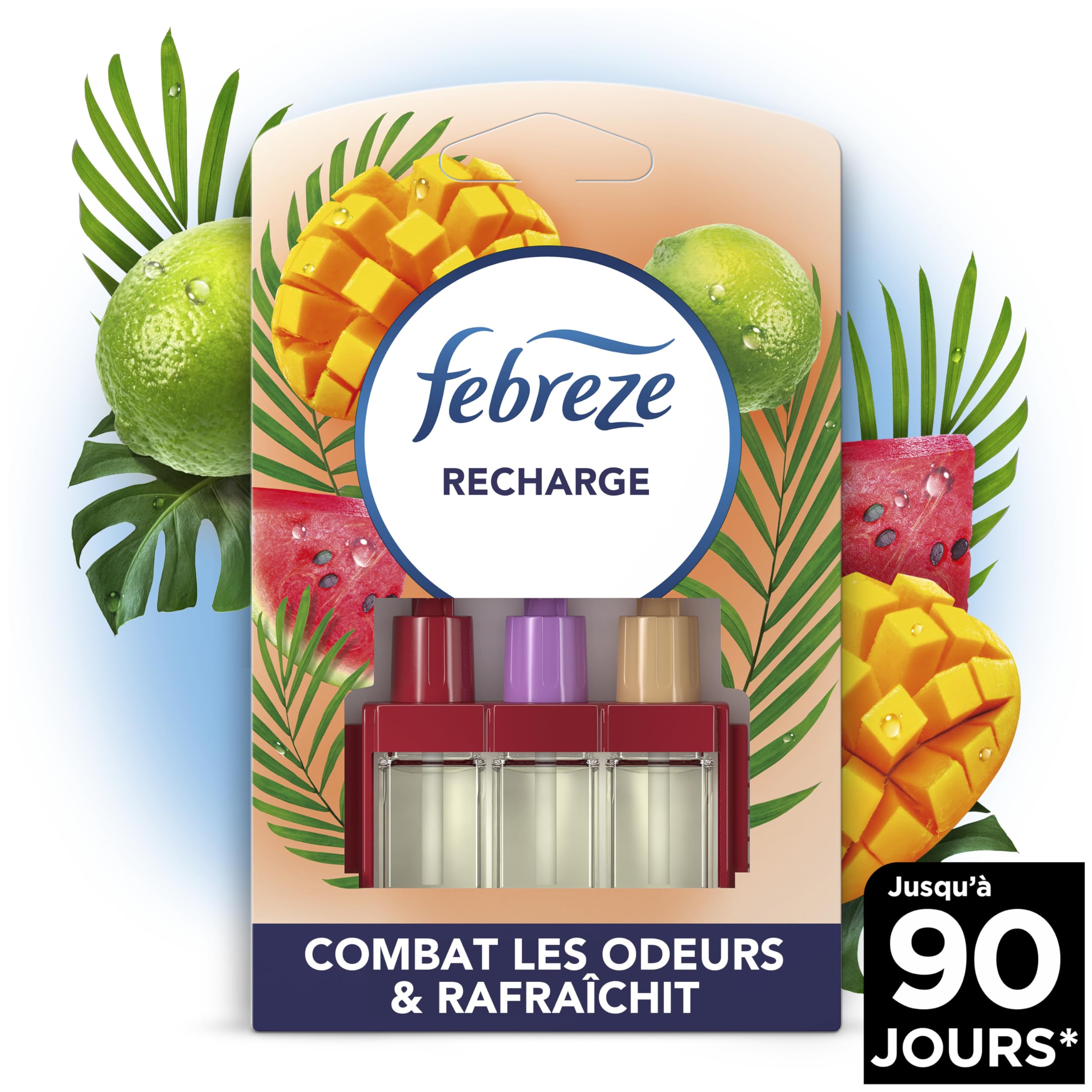 Febreze Désodorisant Électrique, 7 Recharges (20ml avec 3 Parfums en Alternance), Parfum Fruits Exotiques, Combat les Odeurs en Continu, Fraîcheur Jusqu'à 90 Jours