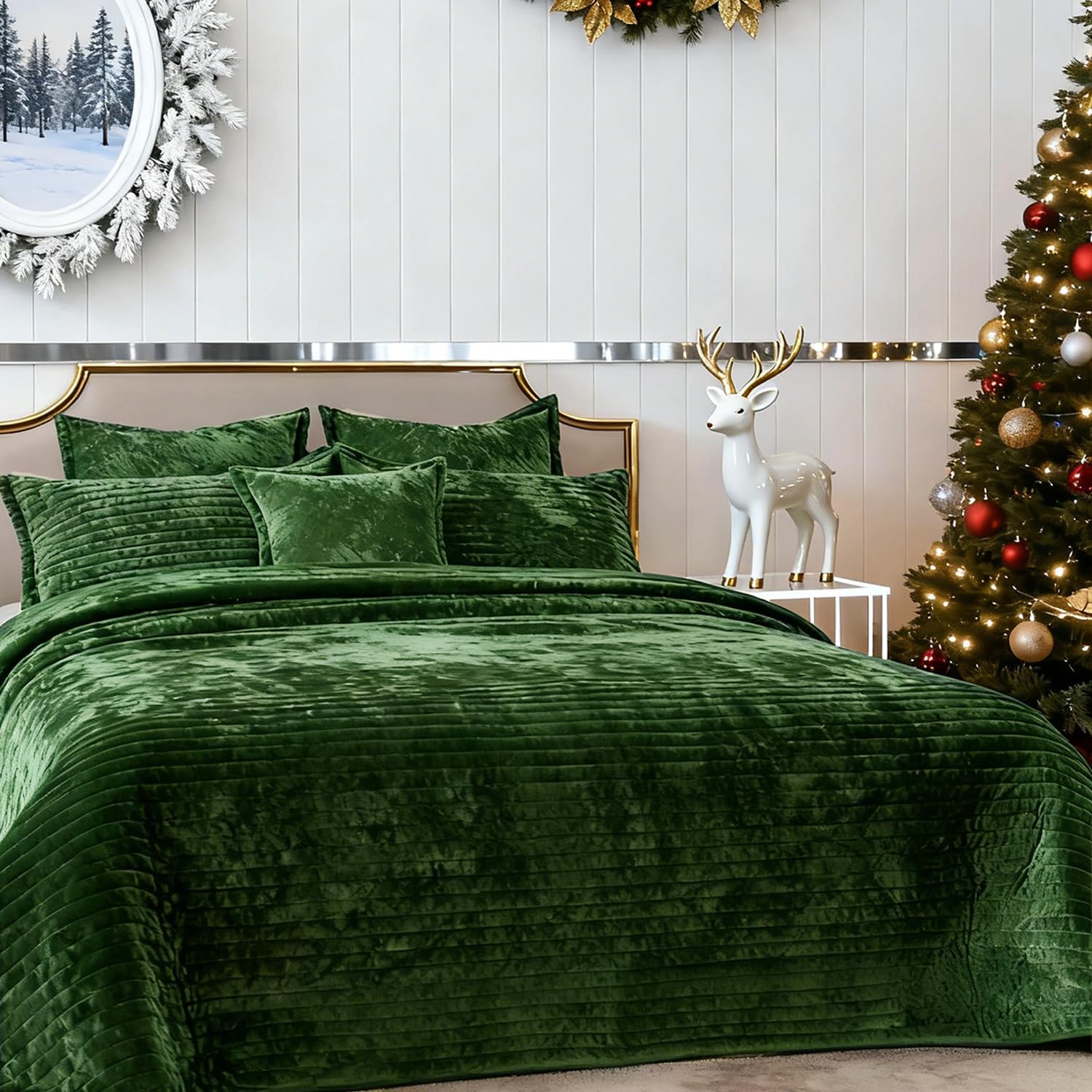 Velvet Oversized King Size Quilt Set 120x128 Soft Striped Bed Cover Set All Seasons Cozy Breathable Bedspread Includes 2 Pillowcases 20×36,Green - Image 2