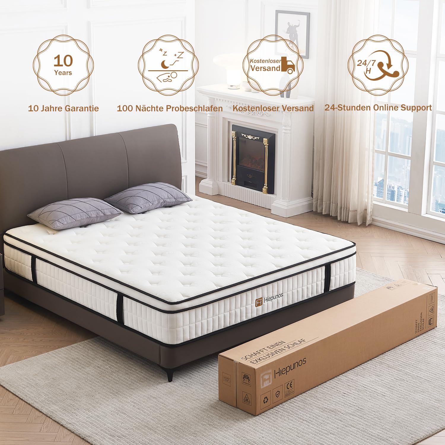 Hiepunos Materasso 160 x 200 cm, 26 cm, altezza materasso a molle insacchettate, grado di durezza H3,7 zone, ortopedico con strato di memory foam, scarico della schiena, certificato Öko-Tex