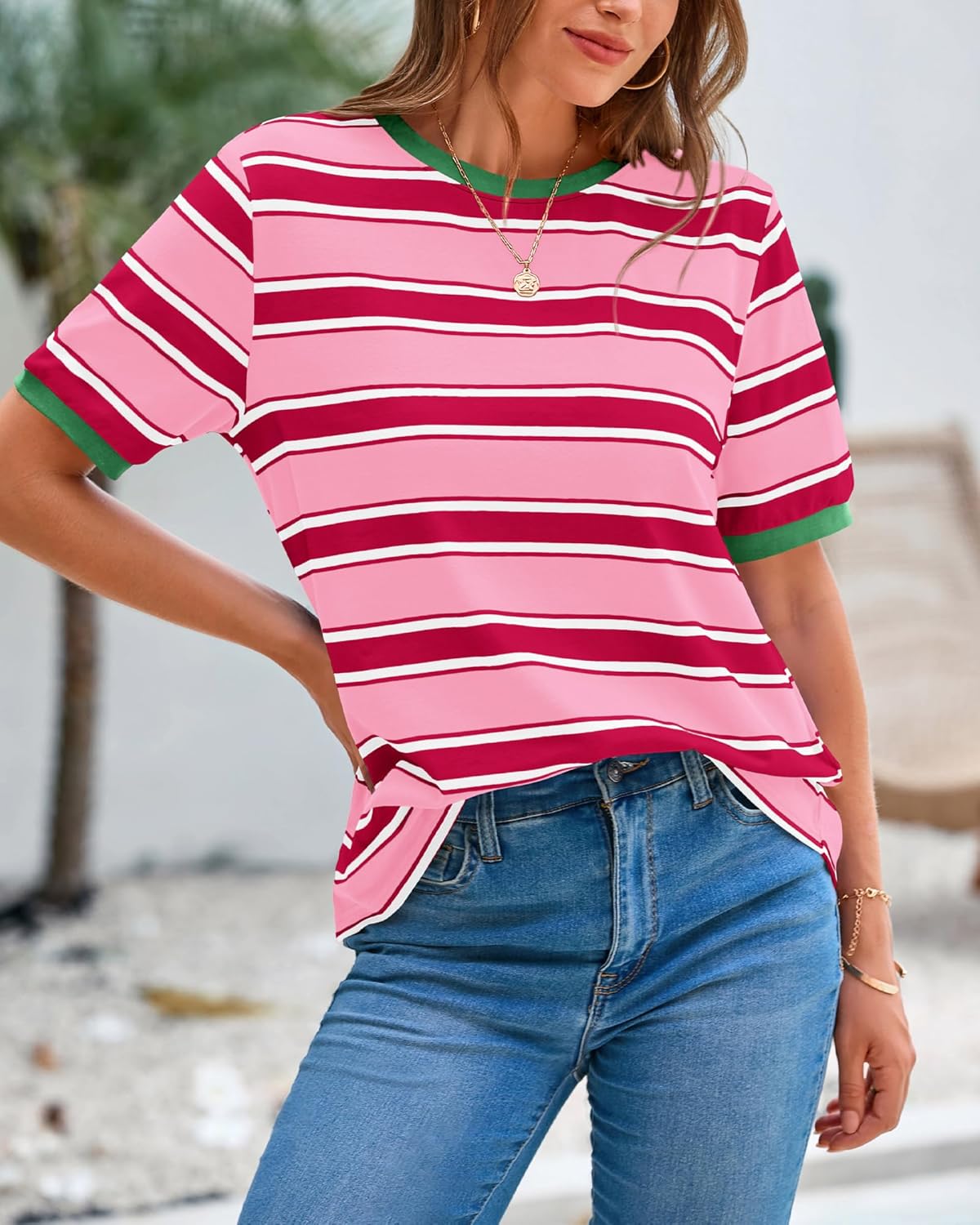 BTFBM Summer Tops for Women 2026 Crewneck Short Sleeve Striped T Shirts Casual Spring Clothes Color Block Basic Tee Blouses - Image 4