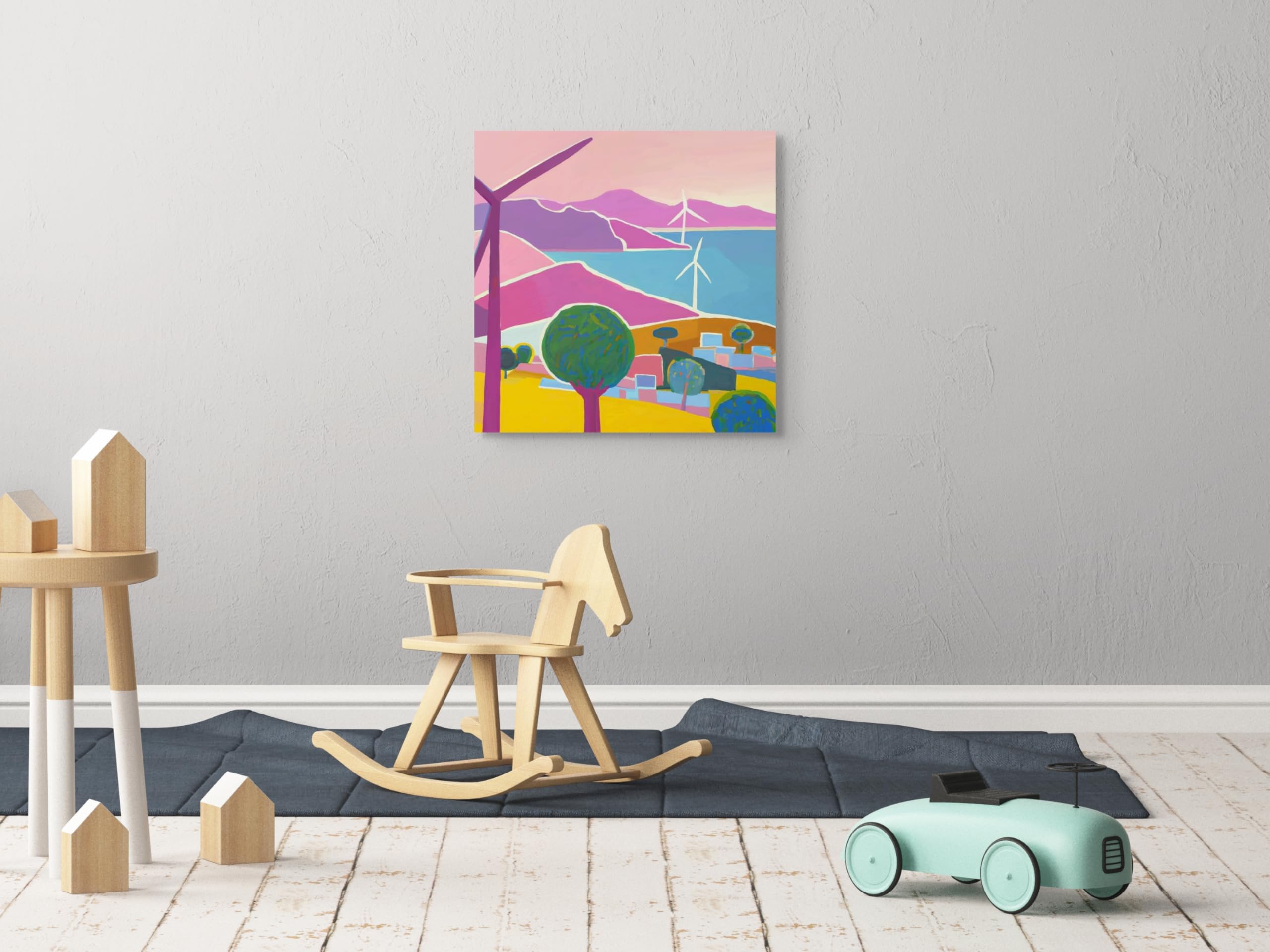 Impresión en lienzo con diseño de turbinas de viento, decoración de pared de guardería, arte de habitación de niños, decoración de sala de juegos, arte de pared para bebés, niños pequeños y niños,
