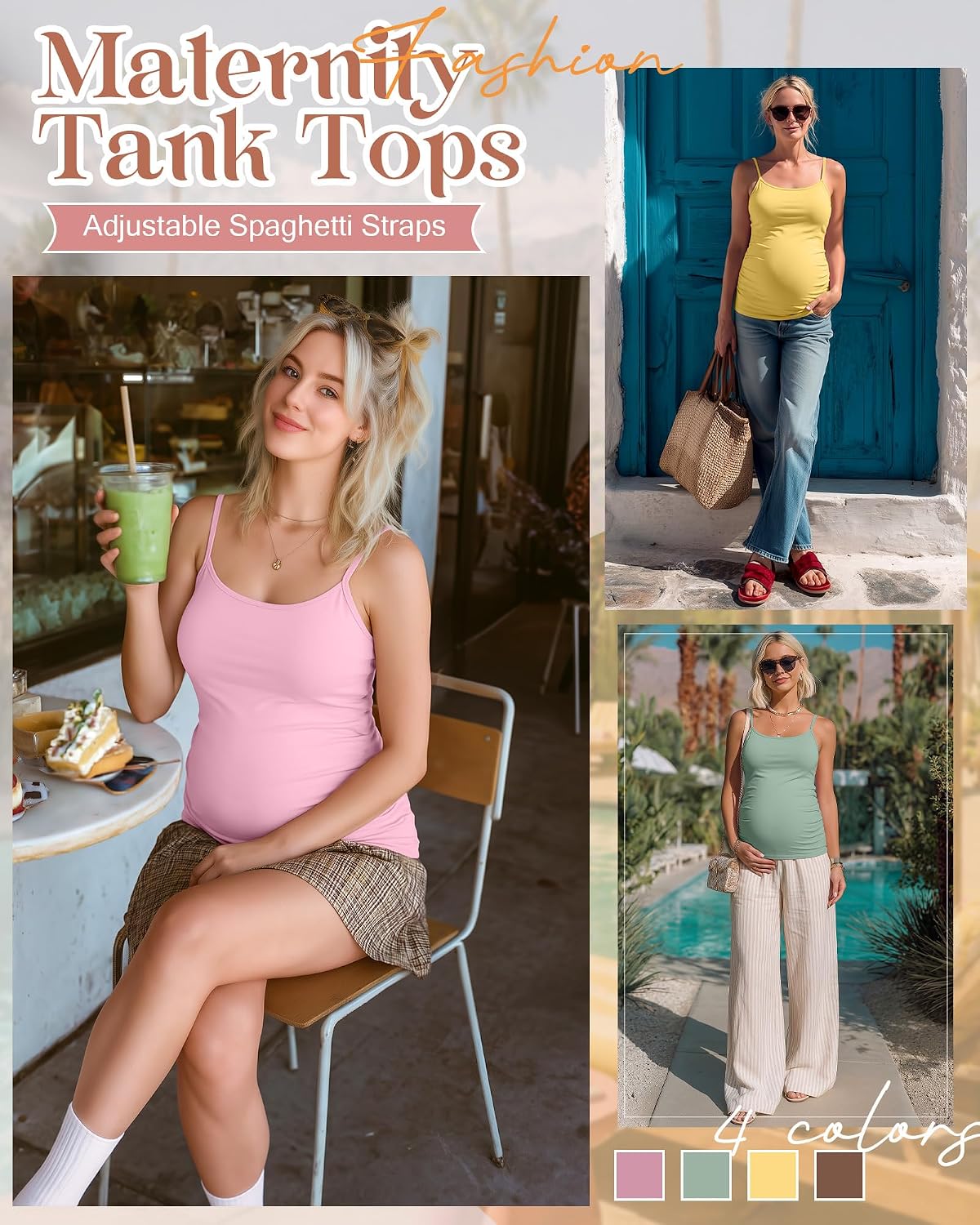 4 Pack Women's Maternity Tank Tops Adjustable Spaghetti Straps Pregnancy Camisoles Side Ruched Scoop Neck Camis