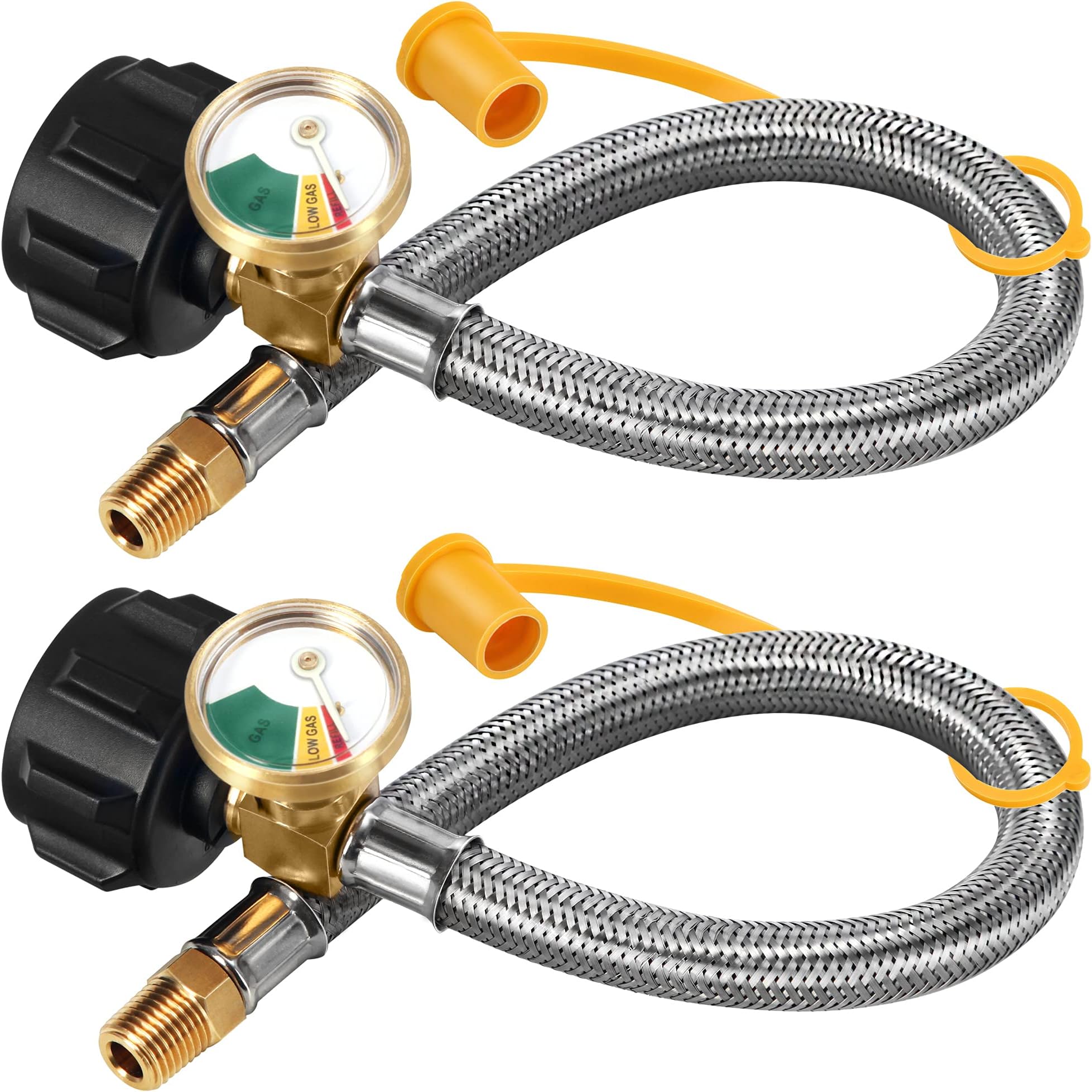 15 inch (packs of 2) RV Propane Hoses with Gauge, Stainless Steel Braided Camper Tank Hose,Rv lp Gas Hoses Connector for Standard Two-Stage Regulator, 40Lb 250PSI, NPT /QCC1 Fittings