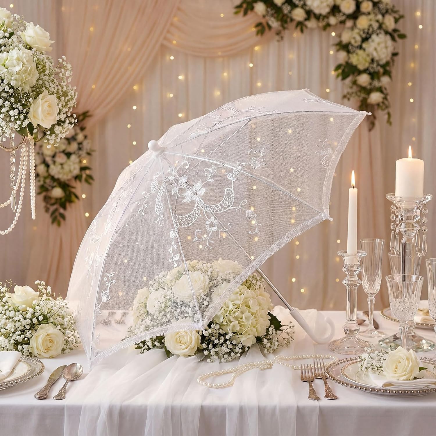 6 Pack Mini White Lace Umbrella Bulk Sequins Embroidery Parasol Vintage Bridal Lace Decorative Umbrella for Tea Party Wedding Party Baby Shower Photography Prop (27.6 Inches)