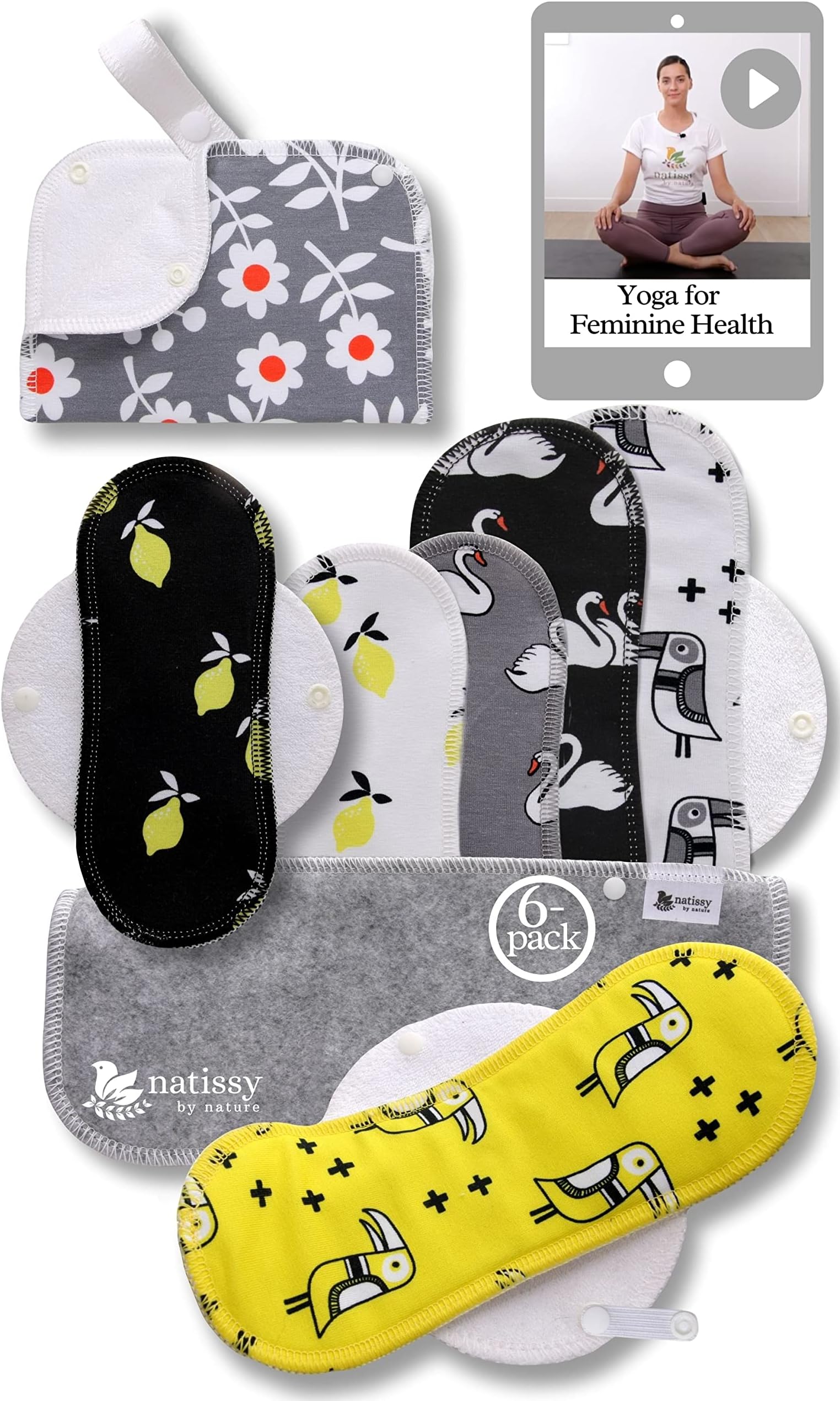 Cloth Pads Menstrual Light Flow; 6-Pack + Bag (S+M) Organic Cotton Reusable Pads Menstrual Made in EU; Small & Medium Reusable Period Pads; Eashable Menstrual Reusable Sanitary Pads for Women & Teens