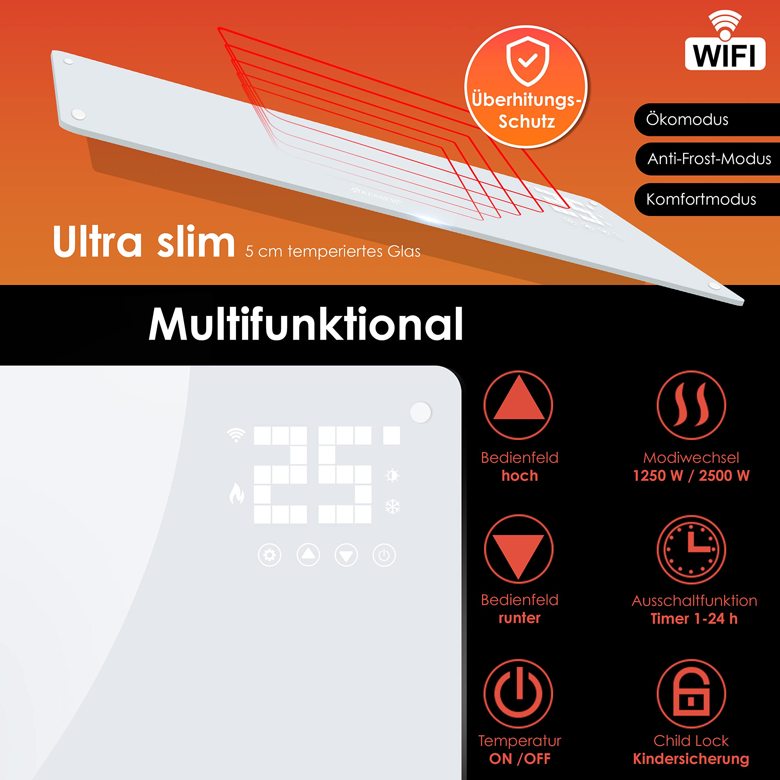 KESSER® Convector de cristal calefactor eléctrico APP función WiFi incluye mando a distancia calefacción eléctrica de pie o pared radiador | pantalla táctil | temporizador | 2500 W |