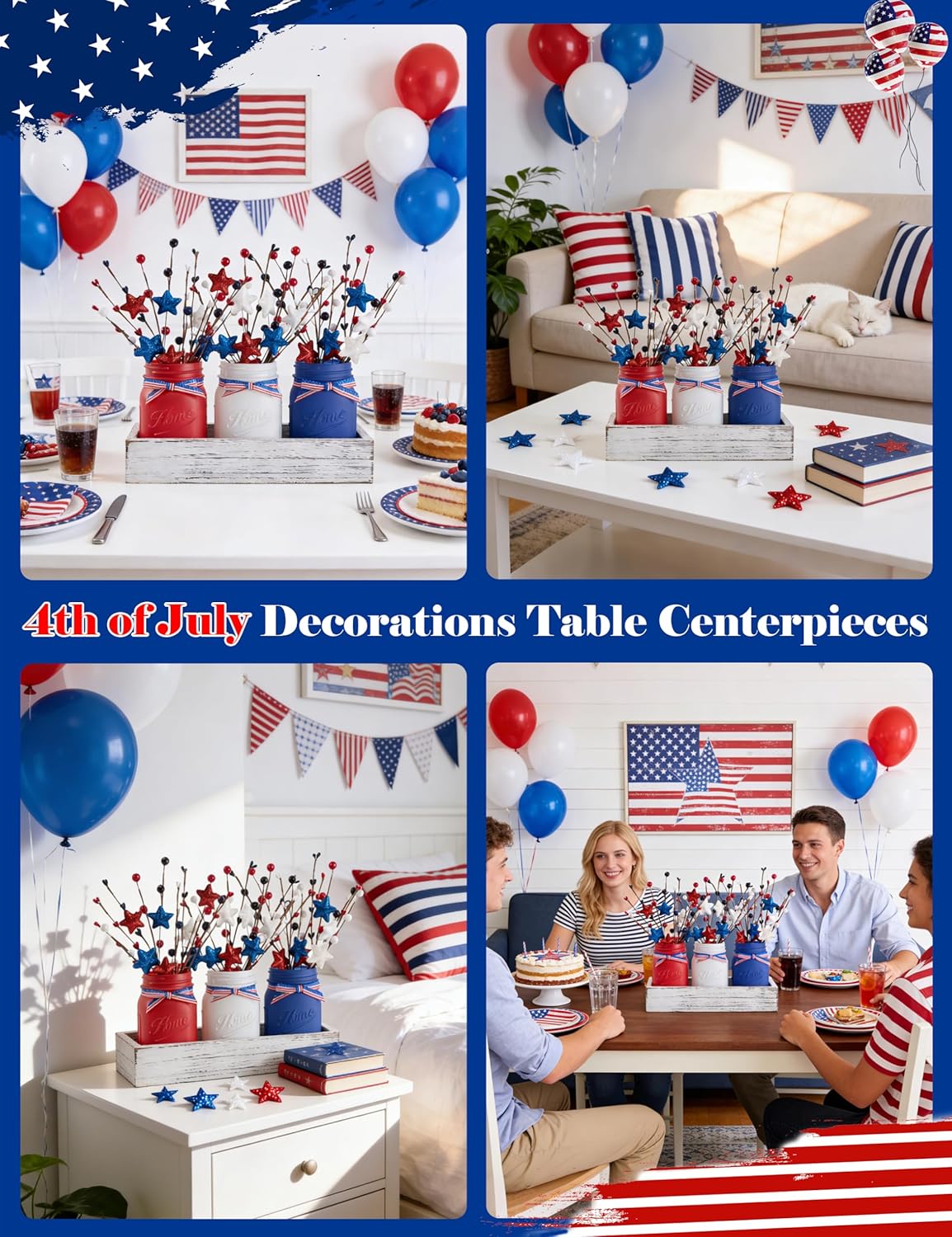4th of July Table Decorations, Mason Jar Memorial Day Decor with Artificial Picks, Fourth of July Patriotic Table Centerpieces, 10 Pcs Red White and Blue Independence Day Decorations for Home