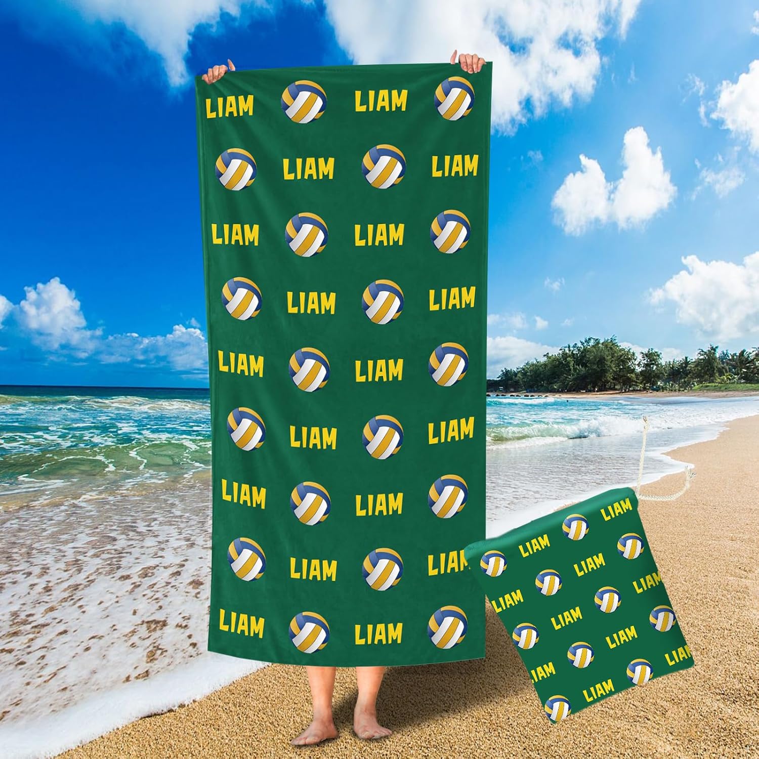 Personalized Large Beach Towel with Bag, Custom Name Volleyball Beach Towels for Kids Adults Boys Girls, Quick Dry Sports Towel for Swimming Pool