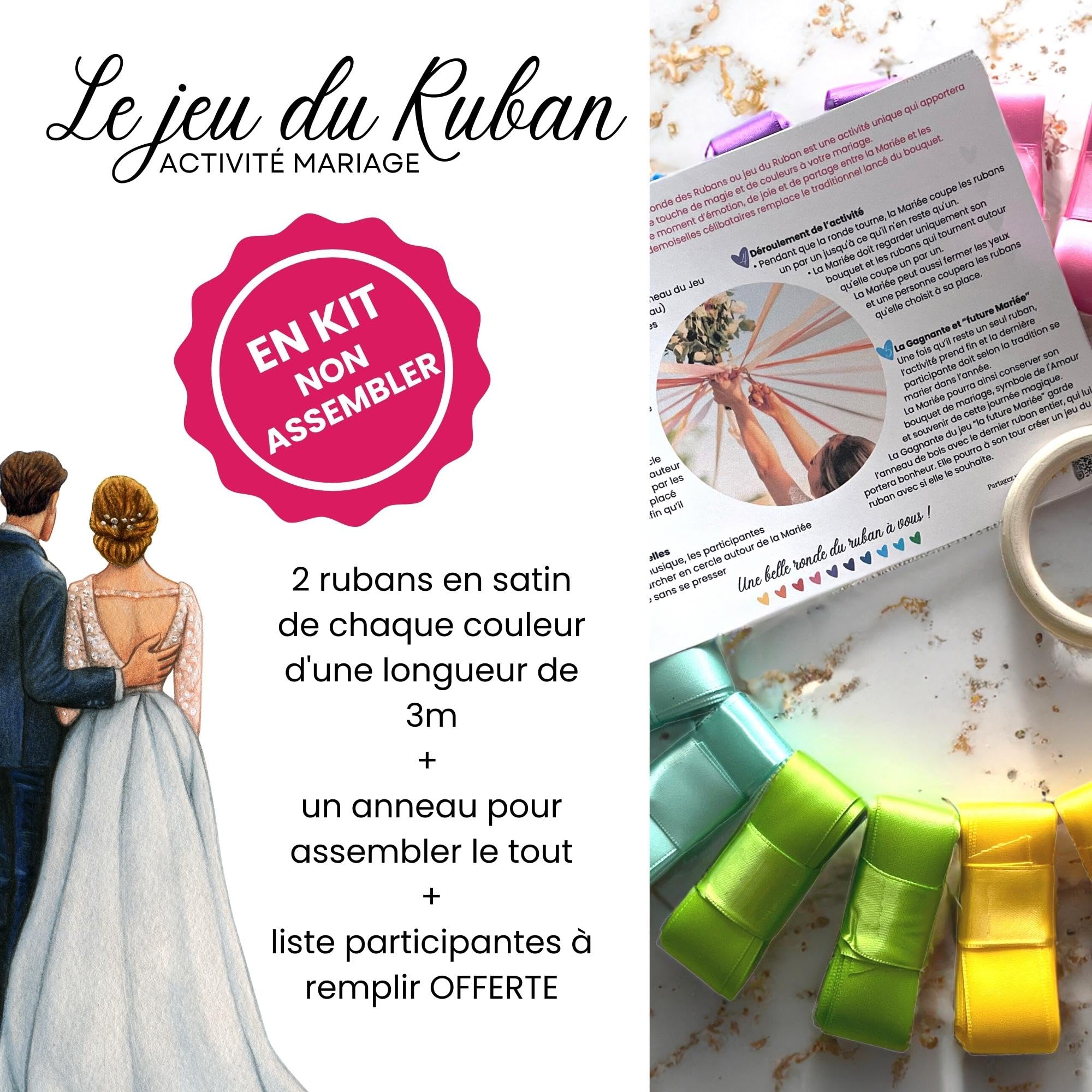 Ronde des rubans-Jeu du ruban mariage- A MONTER-Ruban satin-Cadeau mariée-Décoration fête-Bouquet de la mariée- 20 ruban-10 couleurs-Anneau Bois inclus-Idée cadeau EVJF