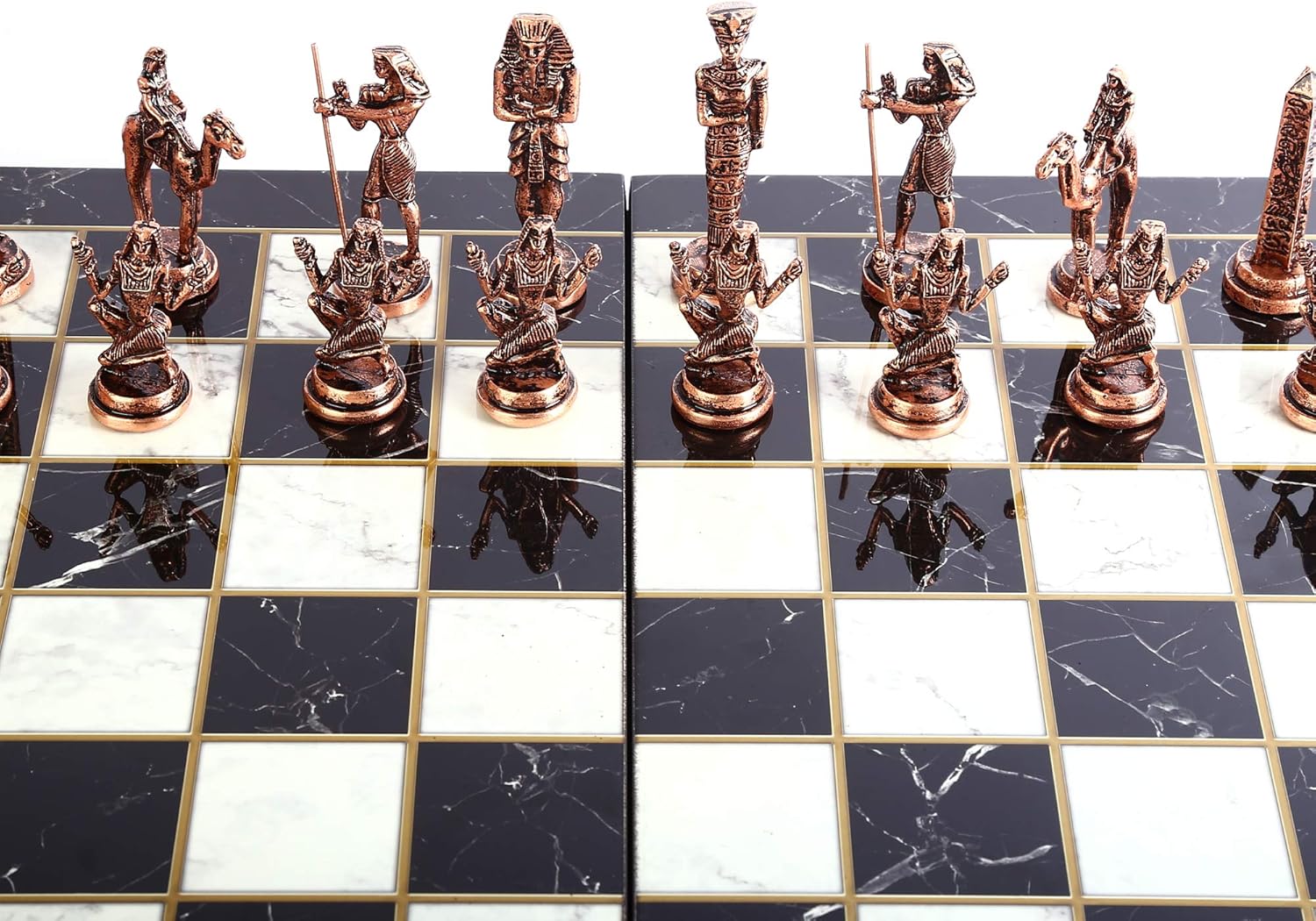 Ancient Egypt Pharaoh Antique Copper Figures Metal Chess Set for Adults,Handmade Pieces and Marble Design Wood Chess Board King 3.4 inc
