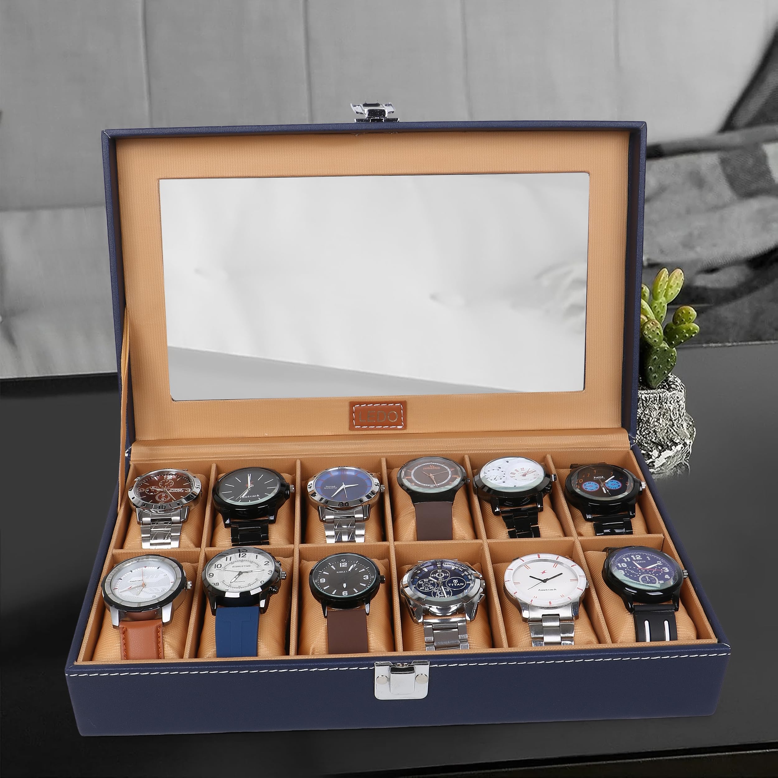 LEDO Luxury Watch Box Organizer with 12 Slots, PU Leather Case with Transparent Display, Blue and Tan Interior, Metal Clasp Lock, Soft Cushioned Storage for Men and Women