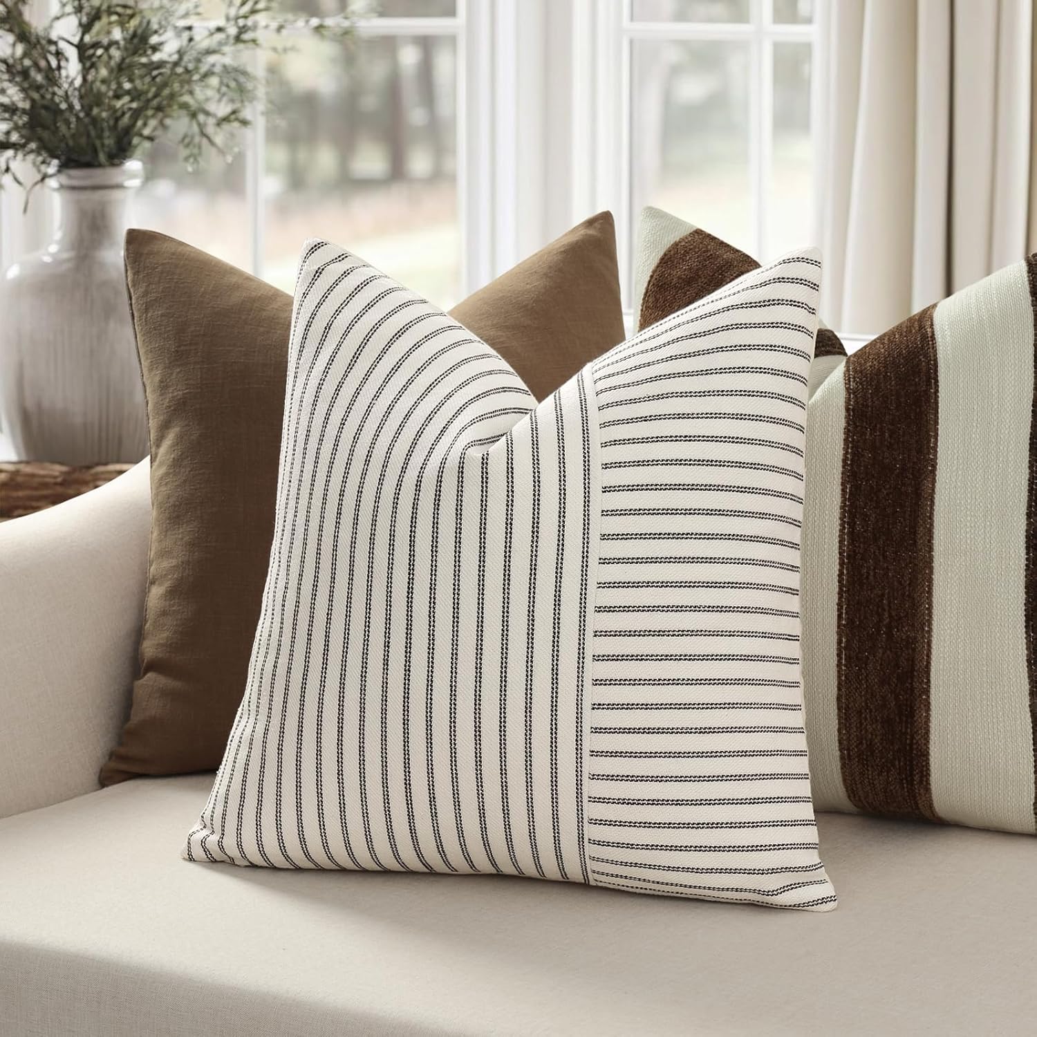 YCOLL Farmhouse Pillow Covers 24x24, Modern Accent Square Throw Pillow Covers Set of 2, Black and Beige Striped Patchwork Linen Decorative Pillows Cushion Covers for Couch Chair Bedroom Home Decor - Image 2