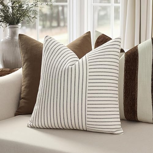 Miniatura 2 de Fundas de almohada de granja de 22 x 22 pulgadas, juego de 2 fundas cuadradas modernas, decorativas, de lino, con retazos de rayas negros y beige,