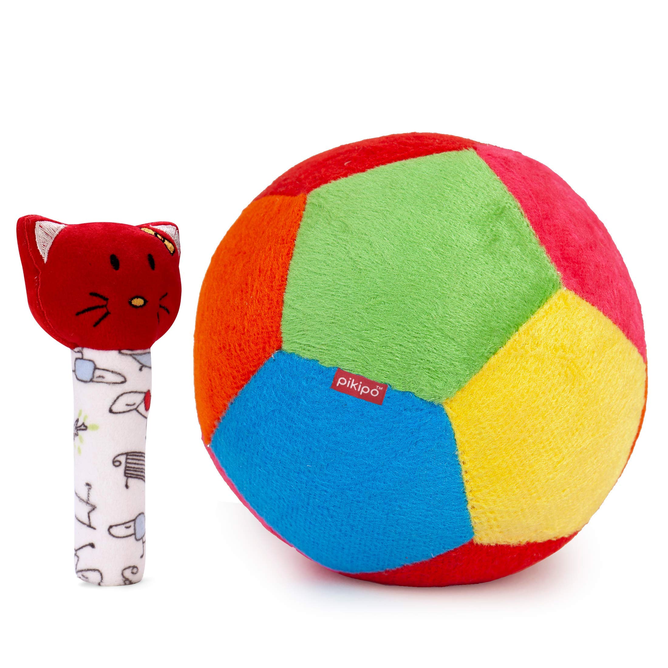 Pikipo Plush Synthetic Soft Ball and Red Kitty Face Soft Rattle Combo, Size-(Large, 20cm)