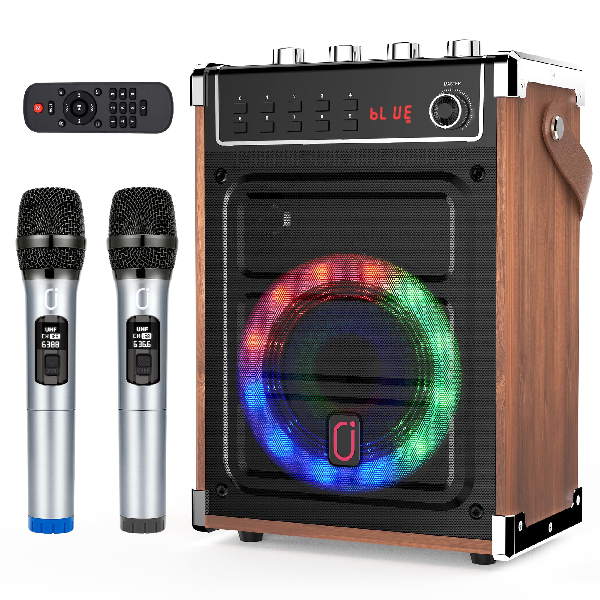 JYX Karaoke Maschine mit 2 UHF-Funkmikrofonen, Bluetooth-Lautsprecher mit Bass-/Höhen-Einstellung und LED-Licht, PA-Systemunterstützung TWS, AUX in, FM, Rec, Versorgung für Party/Erwachsene/Kinder