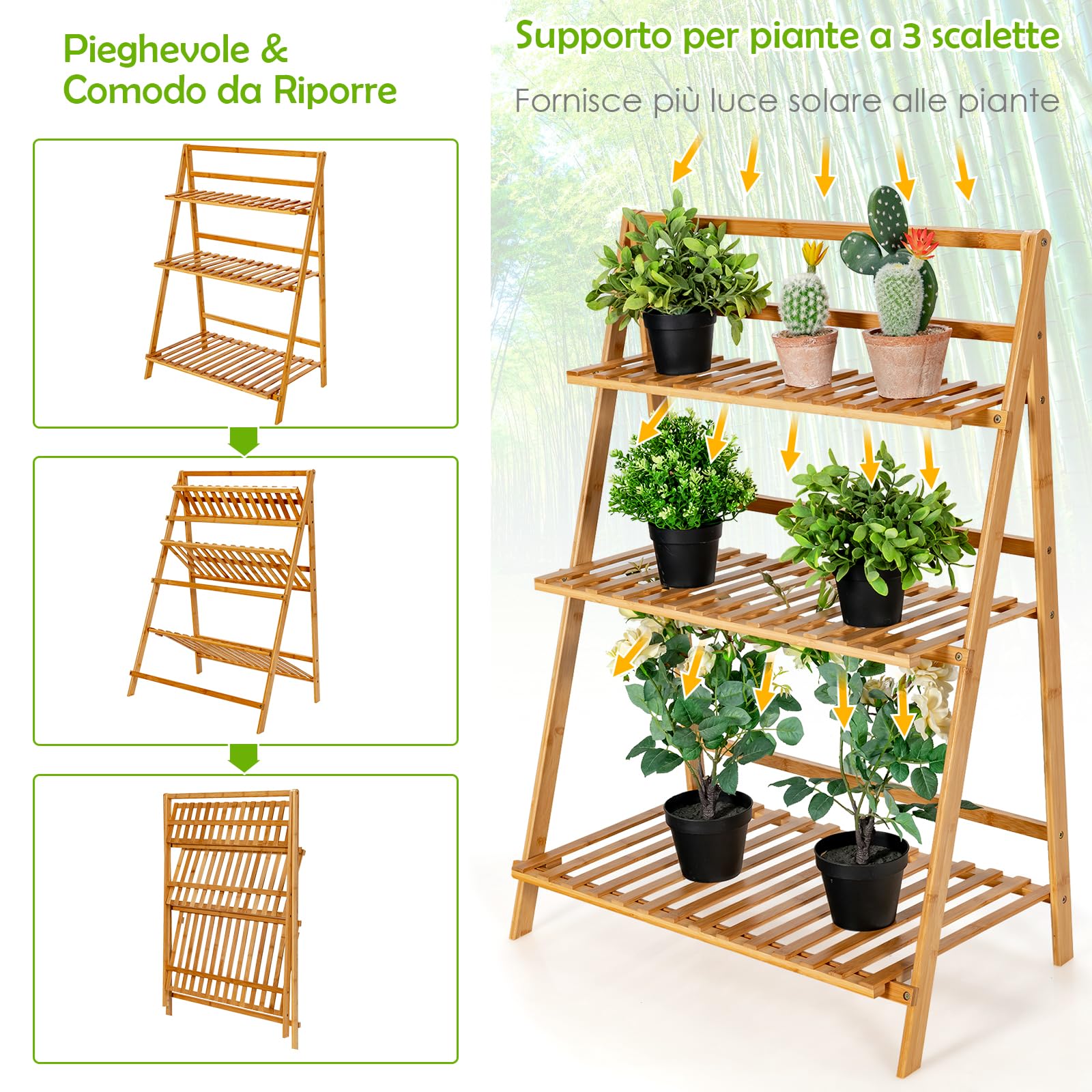 RELAX4LIFE Scaffale per Piante a 3 Livelli Pieghevole in bambù, Scaletta per Piante, per Soggiorno, Balcone, Giardino, Interno ed Esterno, Naturale