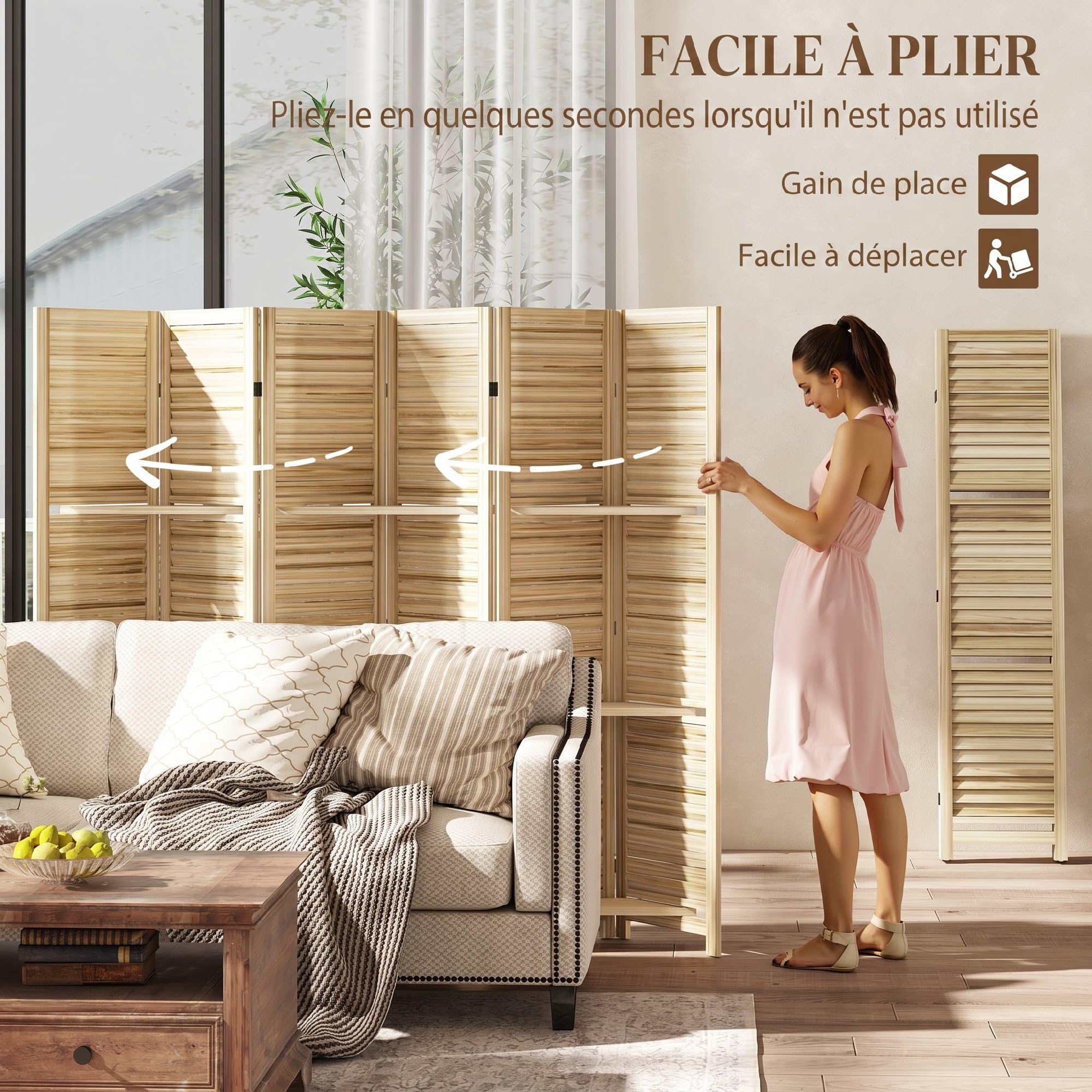 HOMCOM Divisorio con mensole, 6 pannelli, 67" alto, legno naturale