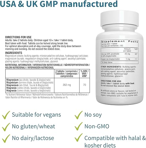 Miniatura 5 de Complejo triple de magnesio 180 tabletas + paquete vegano complejo de zinc, magnesio quelado de alta absorción + 25 mg de picolinato de zinc quelado