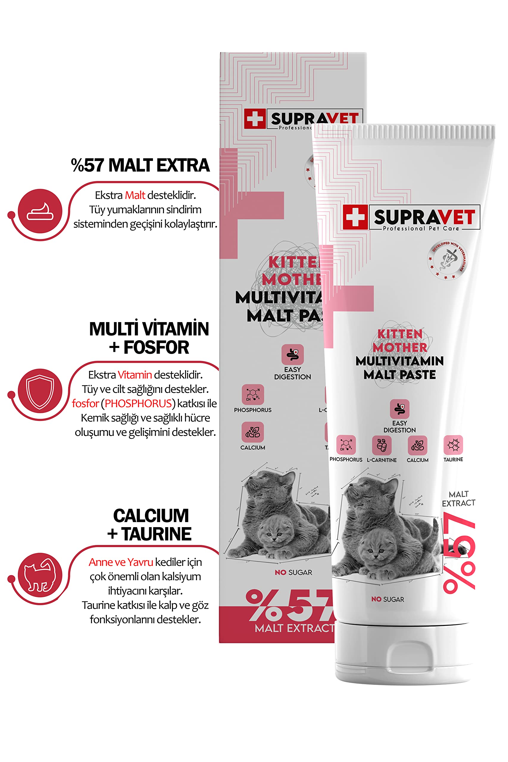 Supravet Hamile ve Yavru Kediler için Kalsiyum ve Taurinli Multi Vitamin Kedi Macunu 100 Gr. (%57 Extra Malt)
