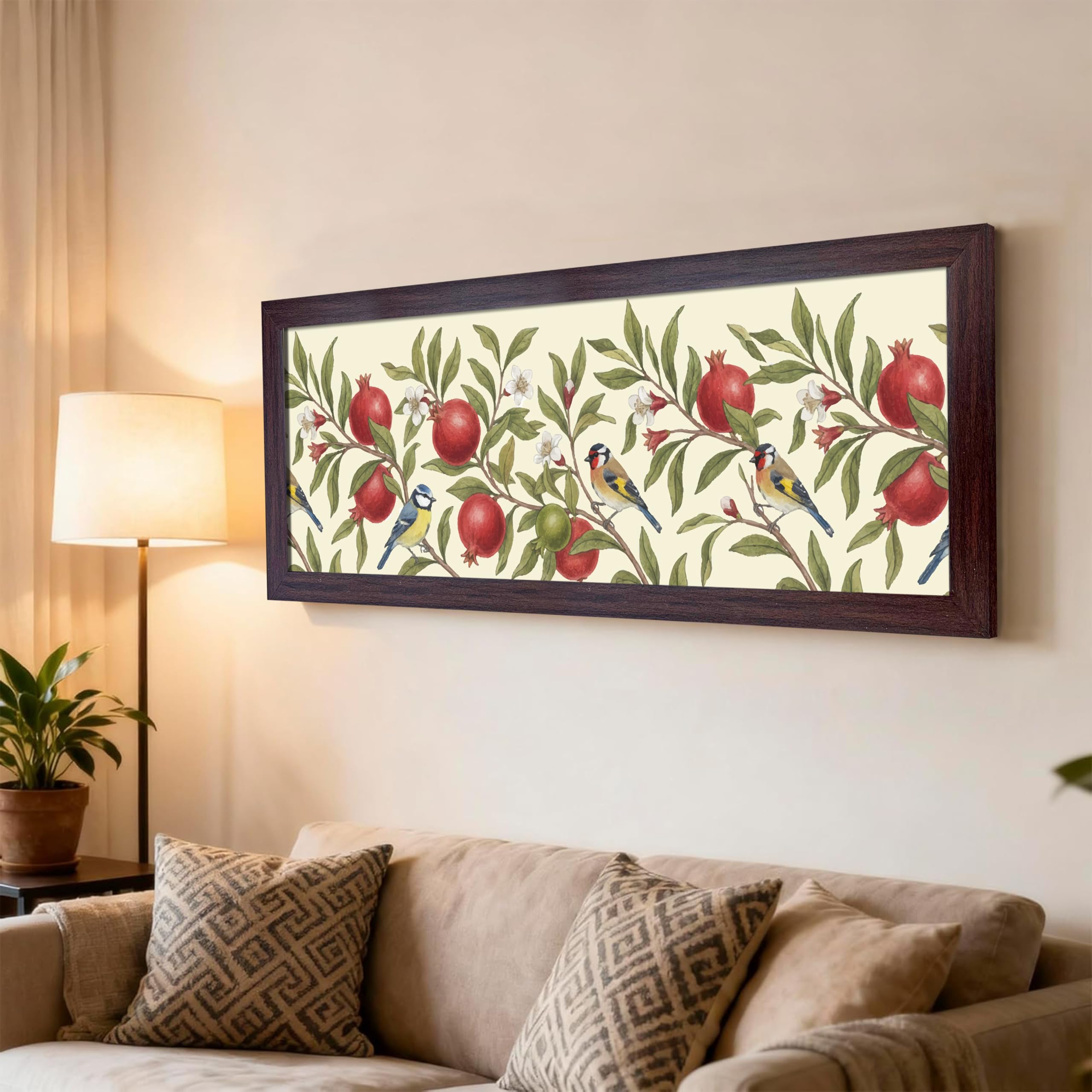 Vintage Botanical Pomegranate Wall Art Painting for Living Room, Bird & Fruit Framed Canvas Painting, Large Horizontal Nature Landscape, Home Decor & Living Room (Size, 39x15 Inches)-image-17