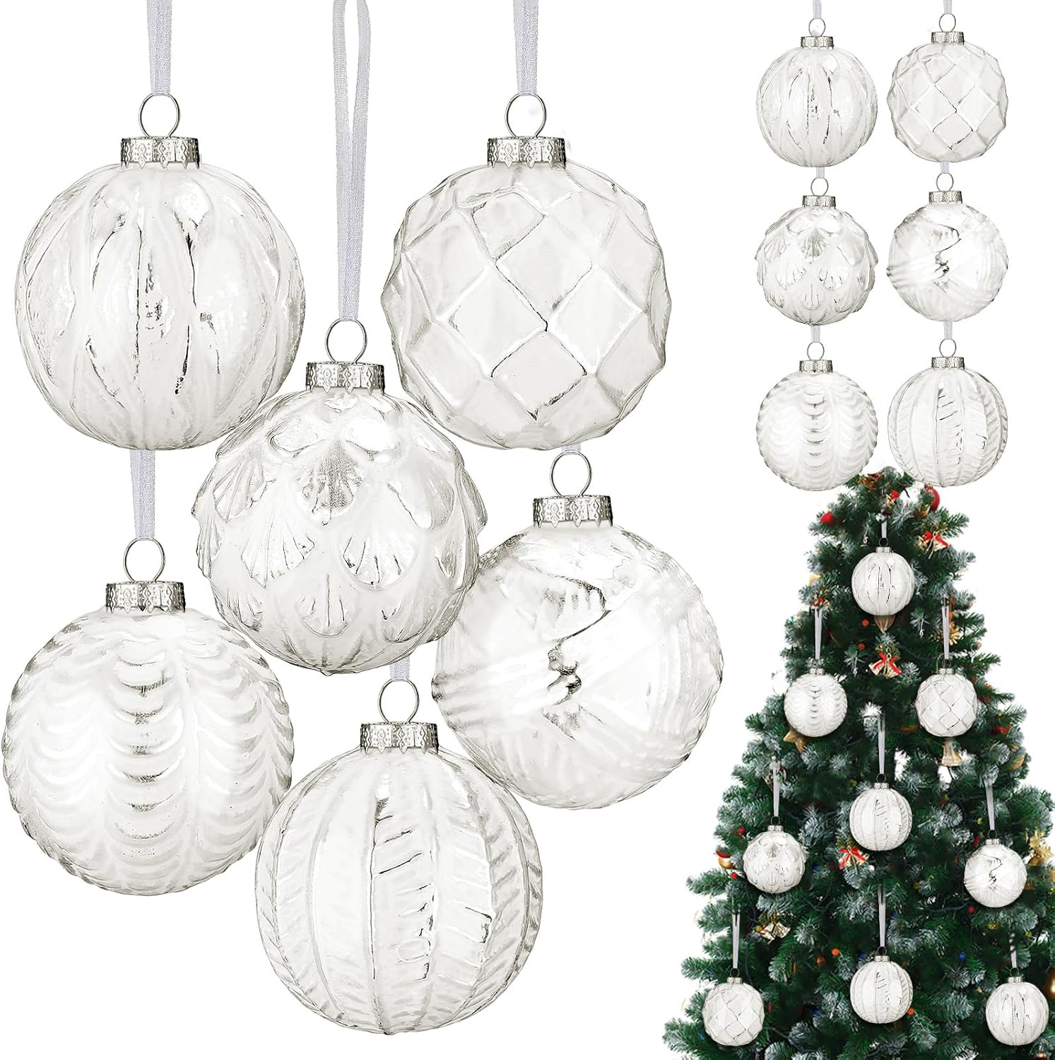 Jenaai 18 Pcs Farmhouse Ball Ornaments Christmas Distressed Glass Ball 2.4inch Vintage Style Balls Retro Glass Ornaments for Christmas Tree(White)