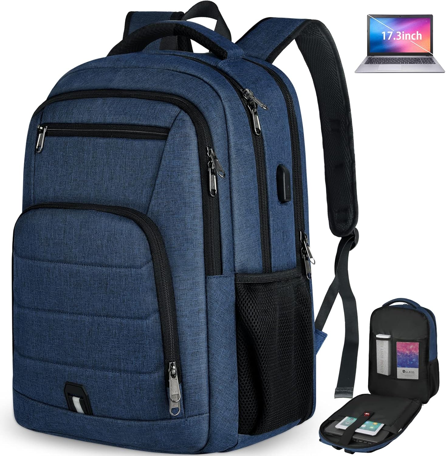 RAINSMORE Laptop Backpack 17 Inch Large Travel Backpack for Men Women Waterproof Computer Work Business College Bookbag TSA Friendly Carry on Backpack with USB Port, Blue