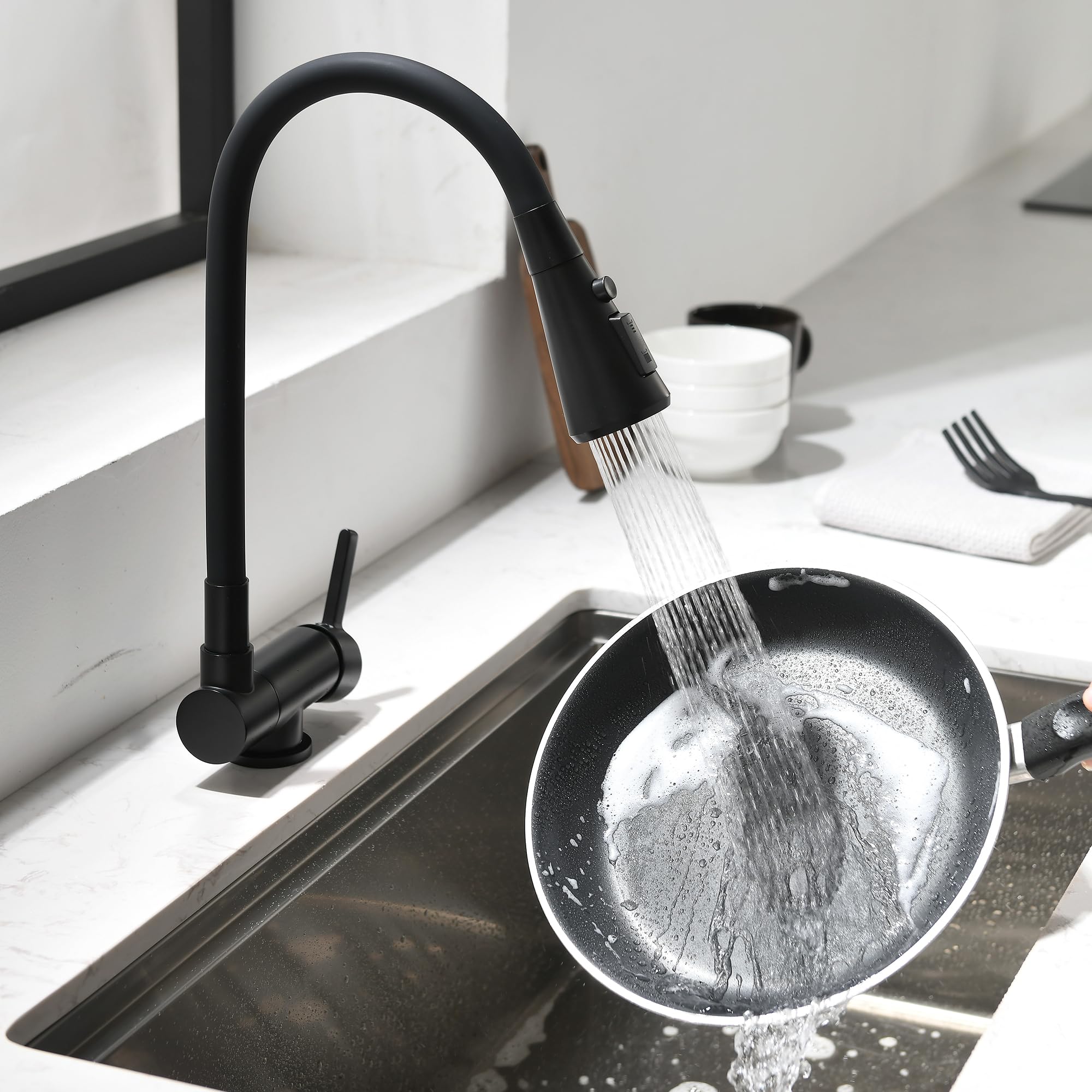 Grifo Cocina Abatible negro,Rotación Y Flexión De 360°,grifos Abatibles Cocina,3 Modos De Pulverización De Agua,Grifo De Fregadero Plegable,Grifo Monomando Bajo Ventana De Material De Latón
