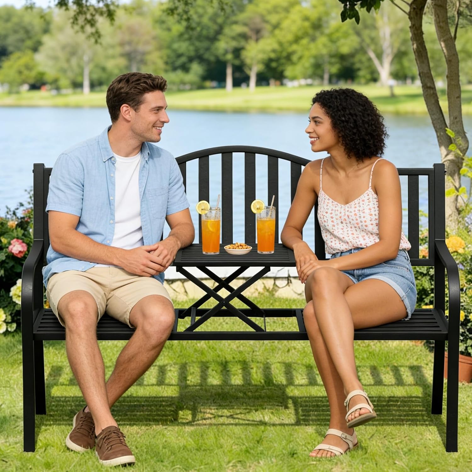 SHGJ&SOFT Outdoor Bench, Garden Bench,Outdoor Metal Frame Patio Park Bench with a Small Table,for Porch, Lawn,Garden,Yard (BK-04)