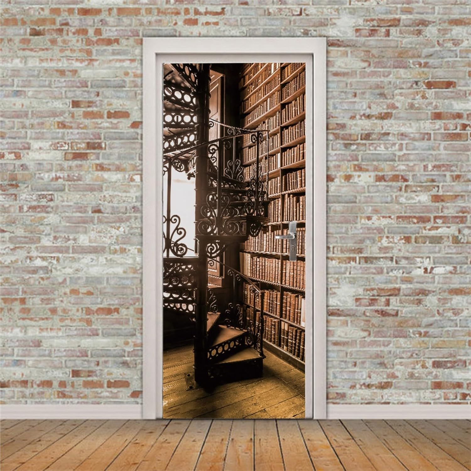 A.Monamour 3D Door Stickers for Interior Doors Bookshelf with Books and Spiral Staircase in an Old Library Vinyl Waterproof Self Adhesive Door Mural Decals for Bedroom Office Bathroom 85 x 215cm