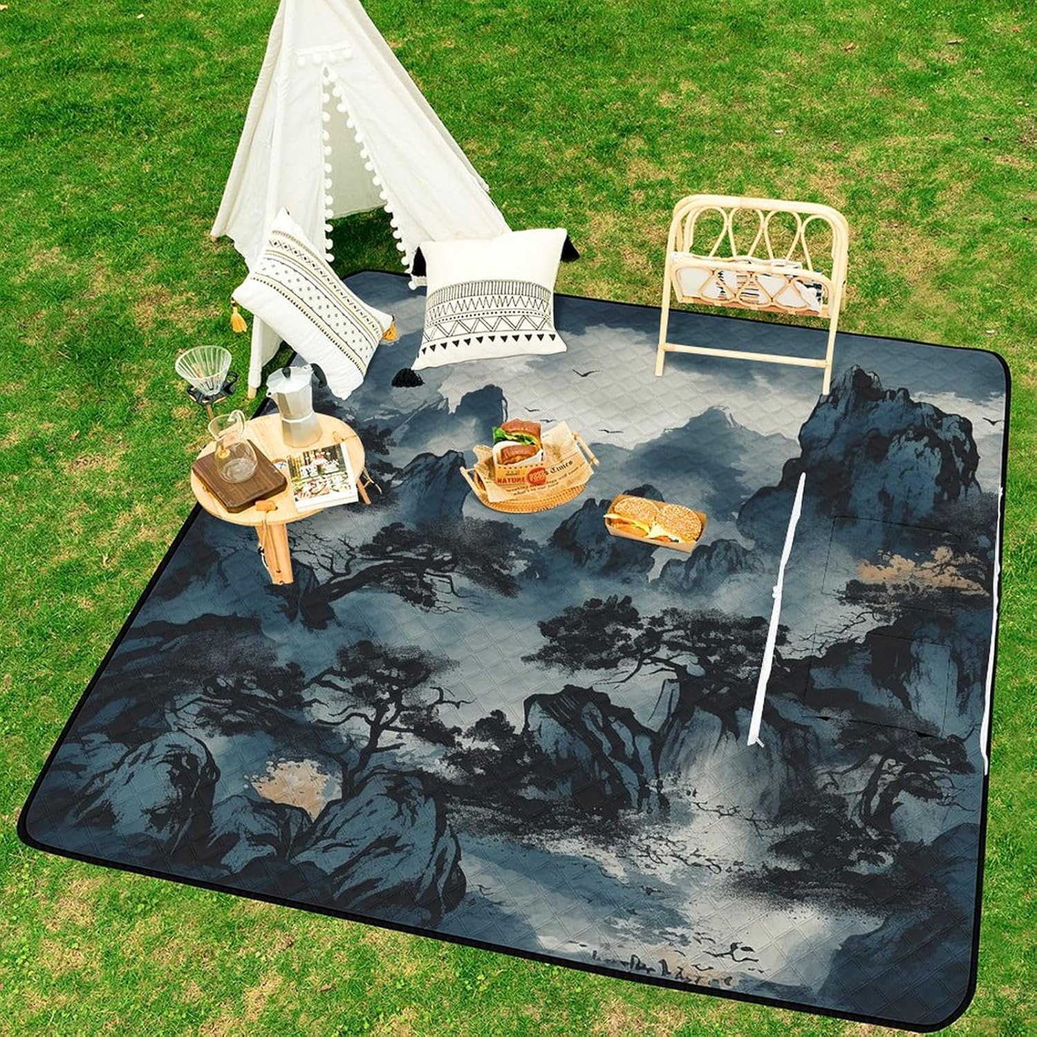 Picnic Blankets,Ink Style Painting Printed Picnic Blankets Waterproof Foldable,Large Picnic Blanket,Handy Mat Tote with Zipper Pocket for Camping on Grass