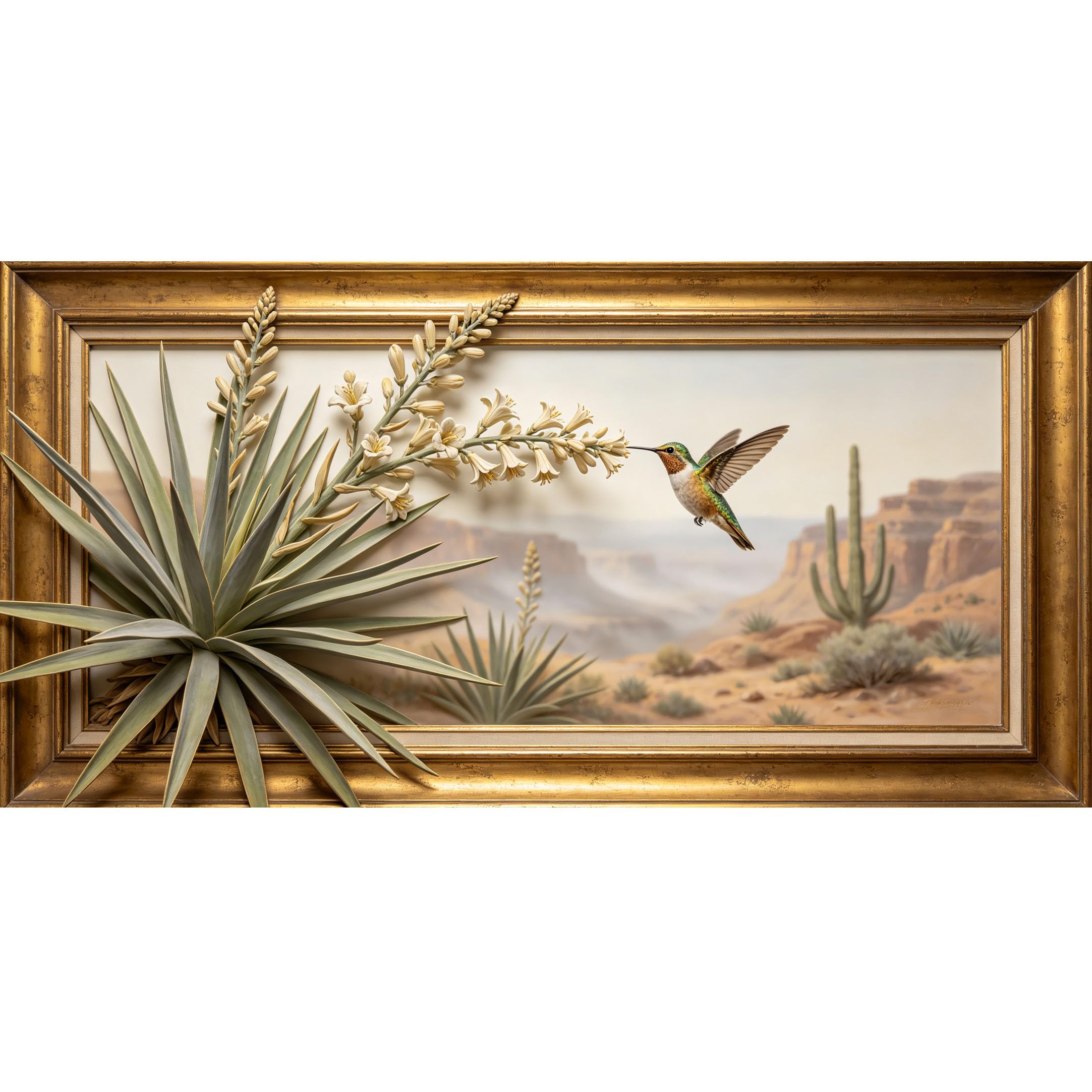 Agglomerix 3D Framed Wall Art Hummingbird Desert Bloom Botanical Landscape Cactus Agave 3D Effect Large Size Self-Adhesive Removable Wall Decor Prints Artwork for Living Room Bedroom Office