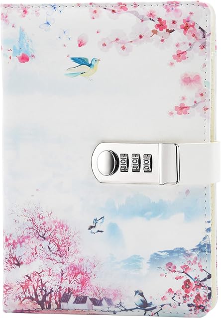 Lirener Creative PU Leather Password Lock Notebook(Bird, Flower, Butterfly, Trees), A5 Diary Journal Sketchbook Daily Planner Agenda Notepad with Combination Lock Pen Holder and Card Slots, 150x215mm