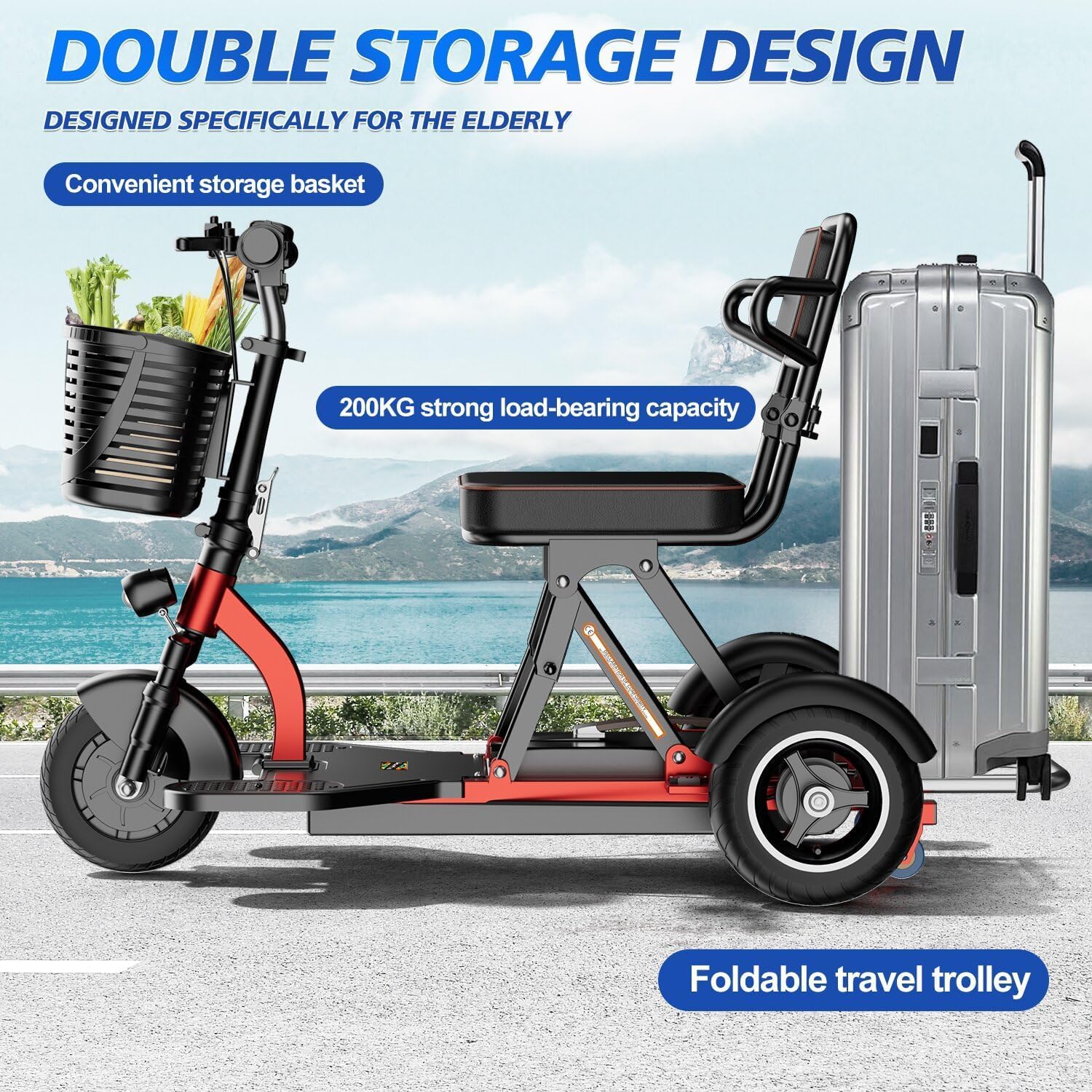 Scooter Eléctrico para Personas Mayores para Personas Mayores Plegable De 3 Ruedas Viene con Cargador Y Cesta De Almacenami Plegable Desmontable