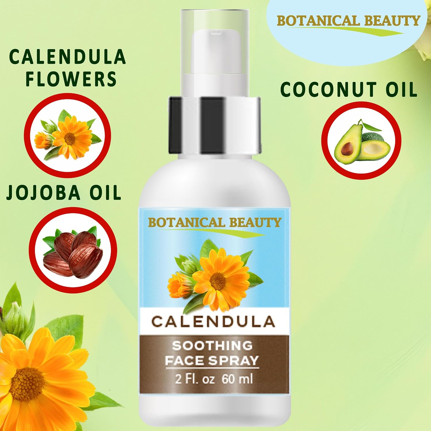 Botanical Beauty Calendula Face Spray - Soothing, Hydrating Mist for Sensitive Skin, Face & Body - 100% Natural, Unscented, Vegan - Eczema, Acne, Dry Skin Relief 2 Fl Oz - 60 ml.