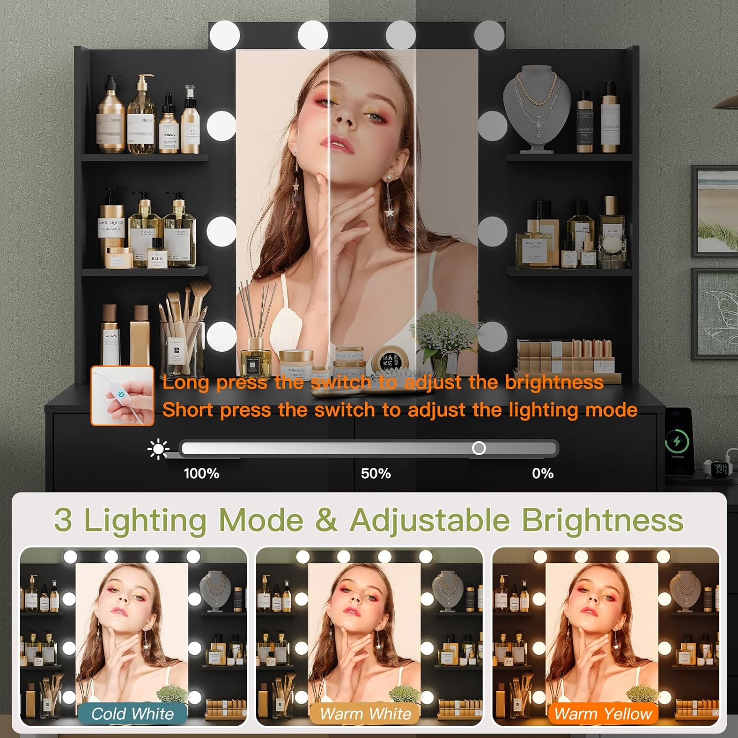 Illustration of the vanity mirror lights with controls for adjusting brightness and switching between cold white, warm white, and warm yellow light modes.