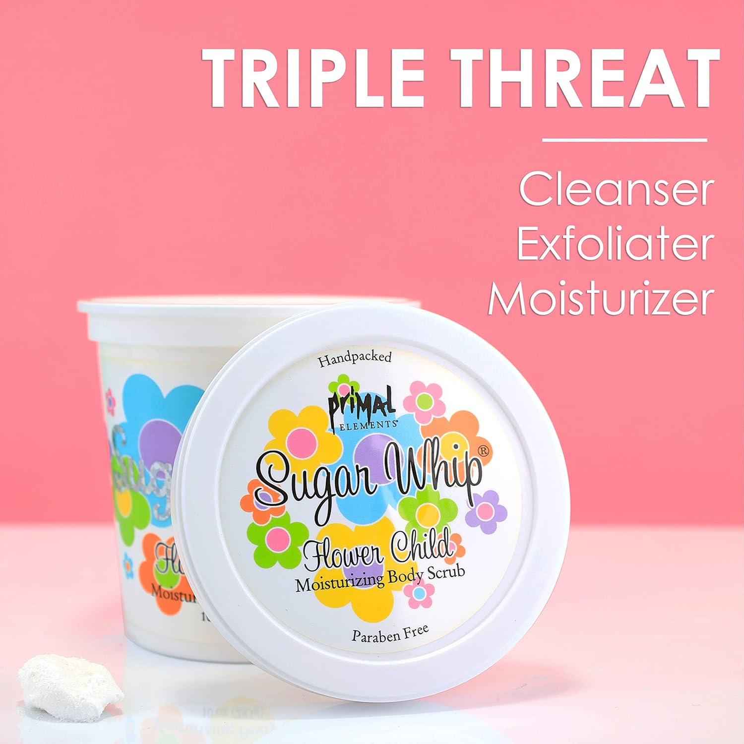 Primal Elements Sugar Scrub, Exfoliating Sugar Whip, Face and Body Cleanser, Moisturizer, Flower Child, 10 oz Package
