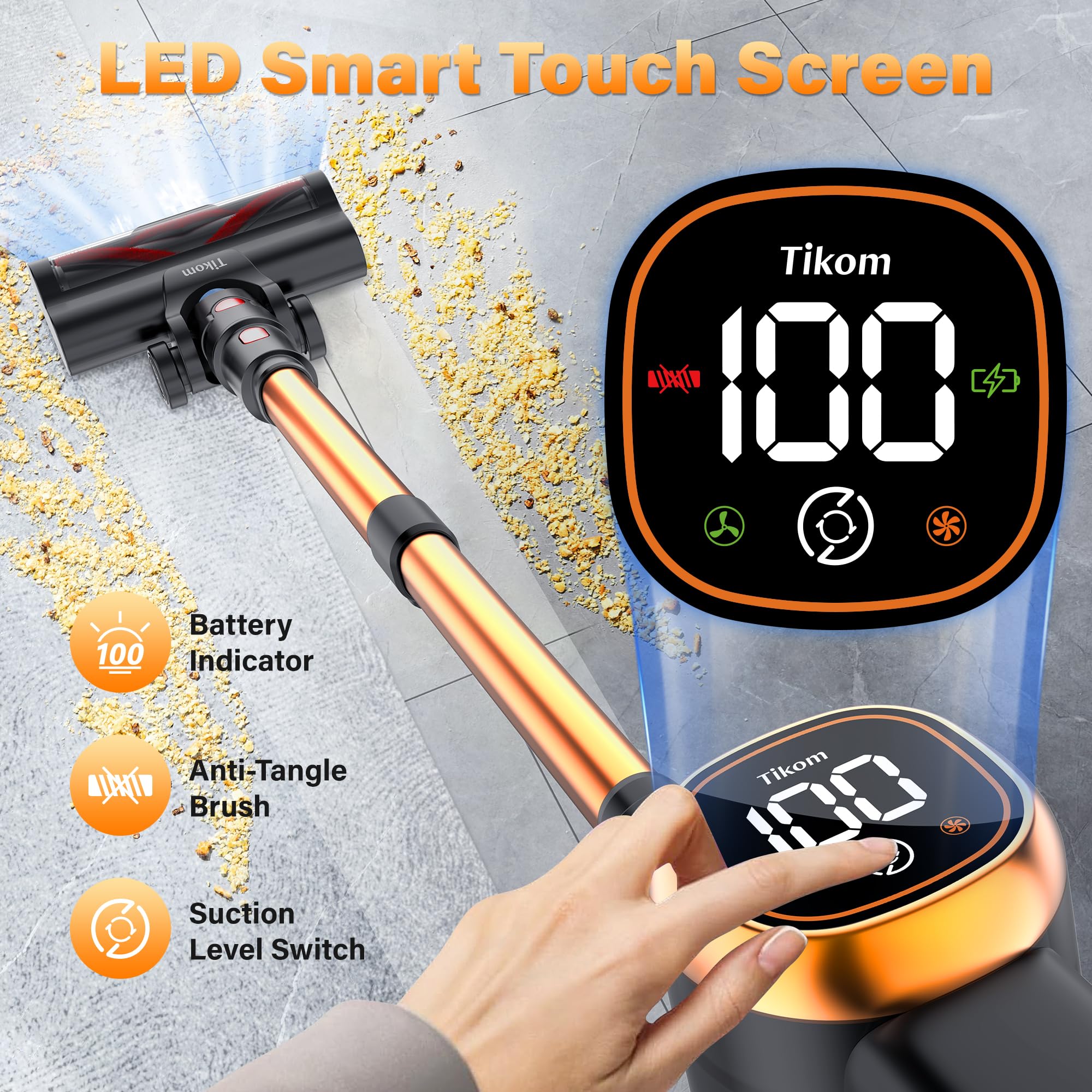 Tikom V500 Cordless Vacuum Cleaner for Home, 40000Pa/450W Stick Vacuum with LED Touch Screen, Charging Wall Dock, Anti-Tangle, Lightweight Handheld Vacuum for Pet Hair, Hard Floor, Carpet view 3