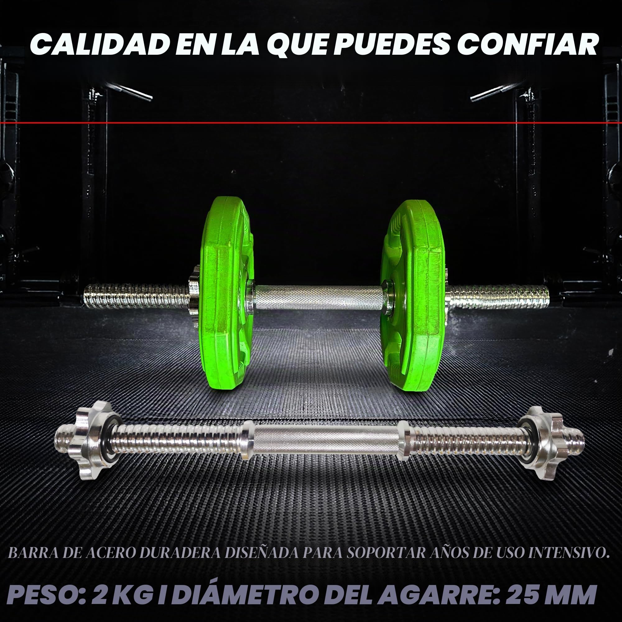 Barra Mancuernas 45 cm – Barra Pesas Roscada Extra Larga con Collares Estrella, Acero Cromado 25-28 mm – Agarre Antideslizante, Carga Alta – Uso En Hogar y Estudio, Curls, Press, Remo