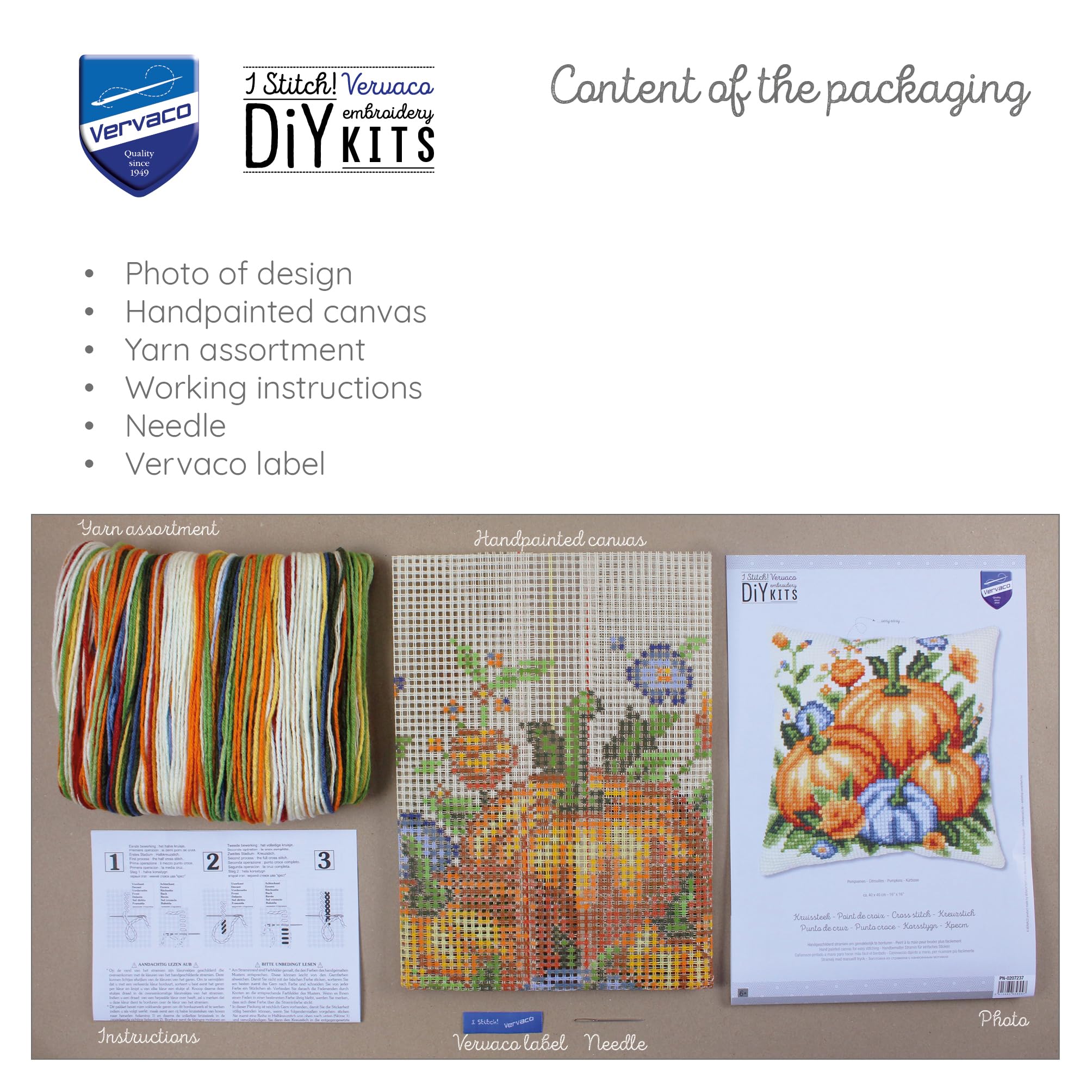 VERVACO Point De Croix Kit Coussin Complet Set Citrouilles Decoration Manuelle Broderie Kit Adulte Art Creatif Cadeau DIY 40 x 40 cmCross Stitch Embroidery